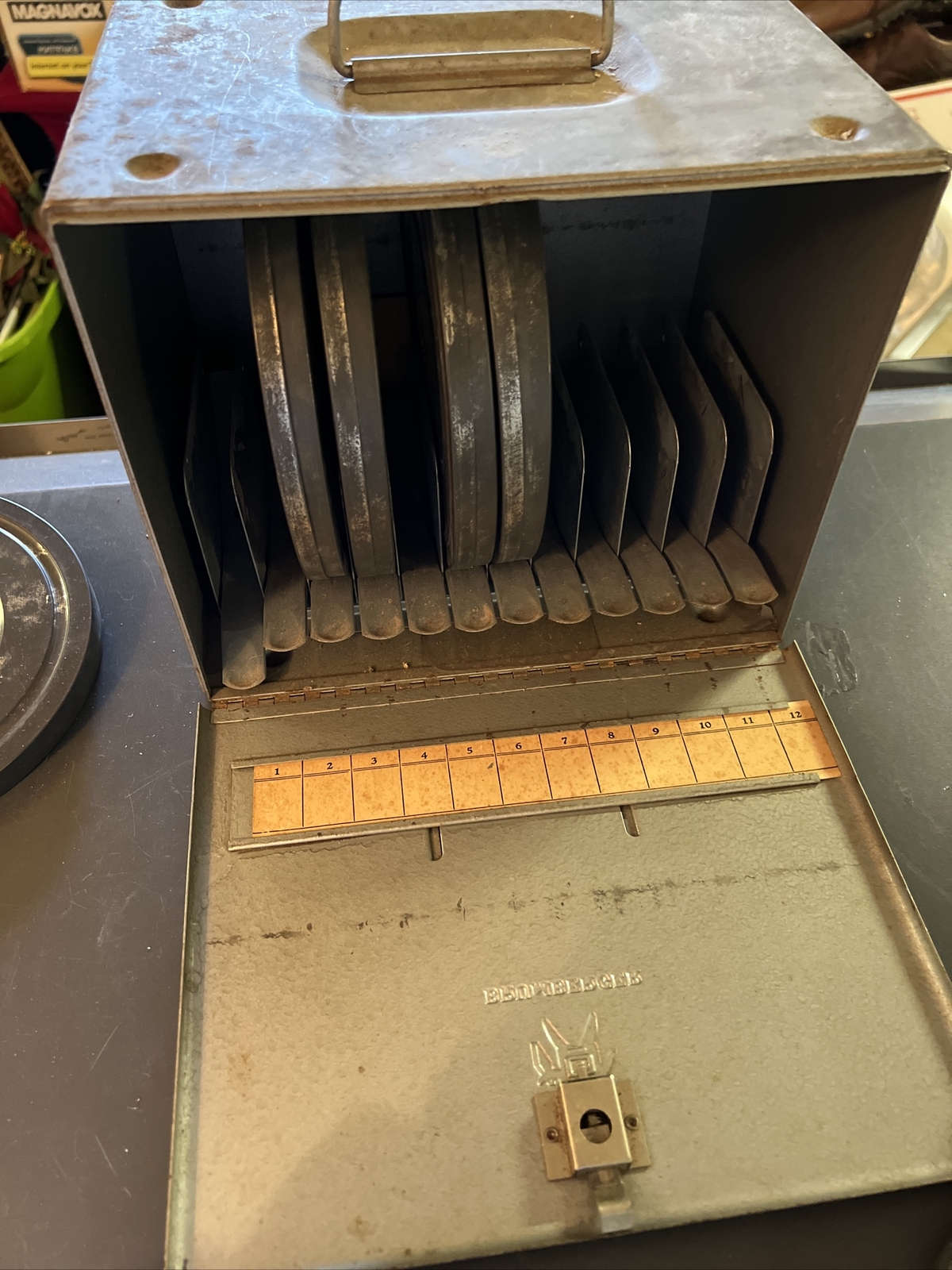 BRUMBERGER gray metal 12 SLOT FILM REEL STORAGE carrying case With 9 Reels