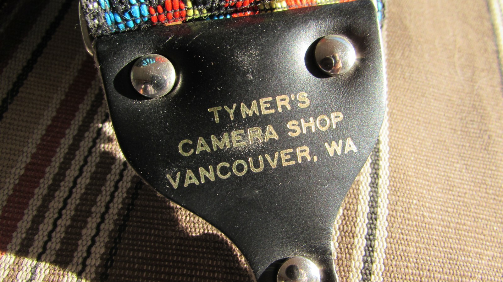 VERY NICE VINTAGE CAMERA STRAP WITH TYMER CAMERA SHOP IN WASHINGTON ADVERTISING