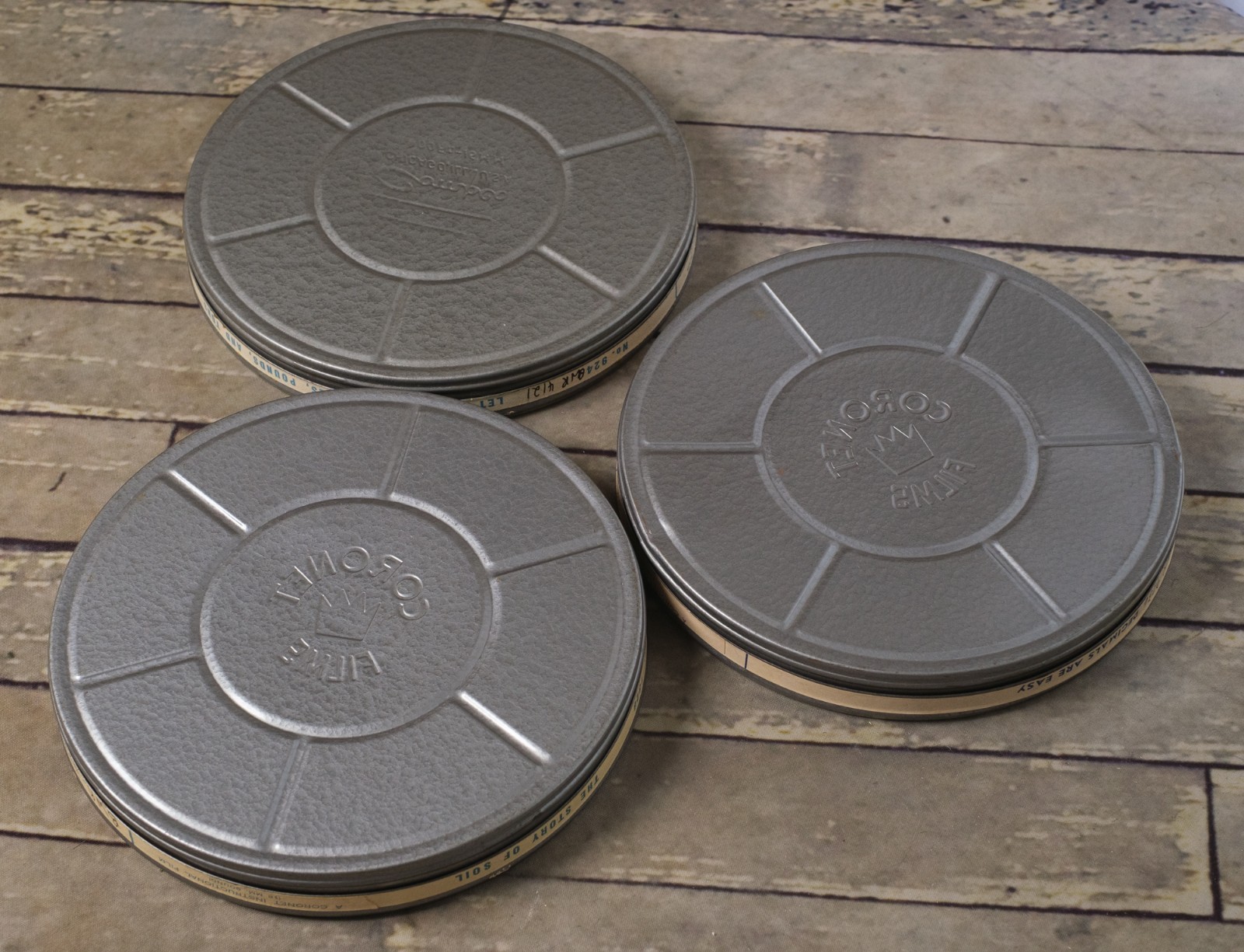 Vintage COMPCO Coronet Films 16mm 400′ Gray Film Canisters Empty 7”-Set of 3