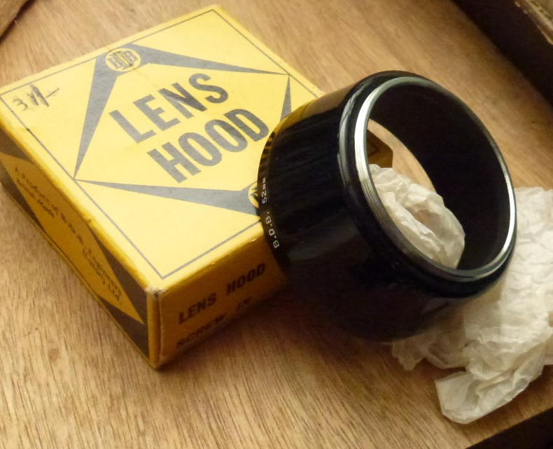 52mm screw in standard lens hood plated brass mount plastic front GB made 1960