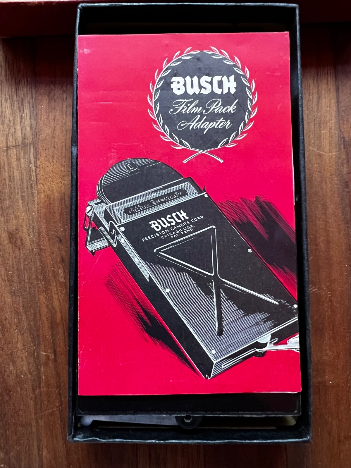 Vintage 1940s Busch Pressman 2×3 Film Pack Adapter 2 1/4 x 3 1/4 Box Manual Vg