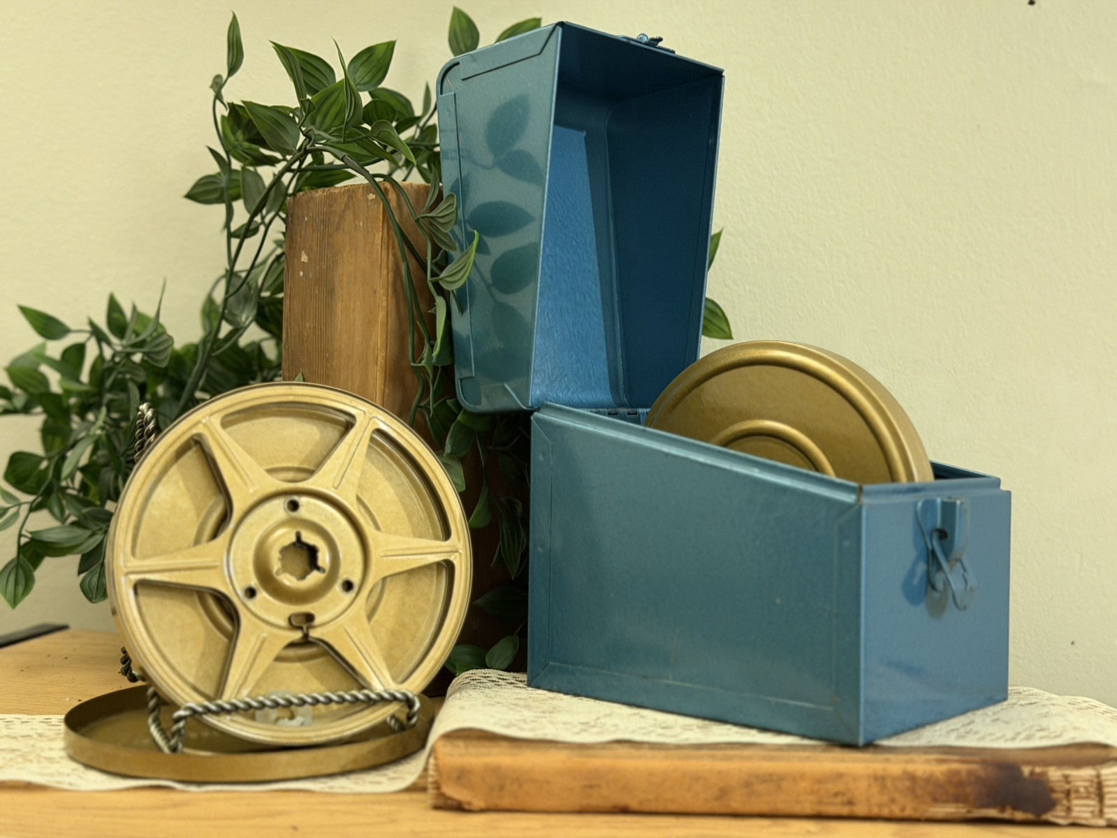 Vintage blue Metal Film Reel Storage Box w/ 2 Reels
