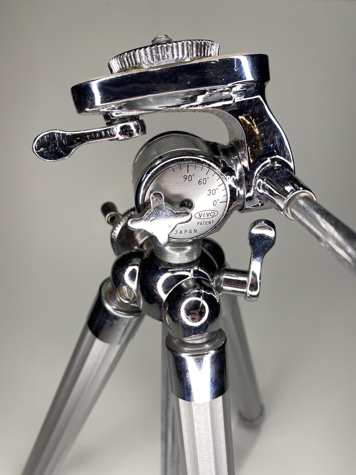 Vintage VIVO 9-Section Elevator Chrome Tripod w/ Pan Head & Case (B2)