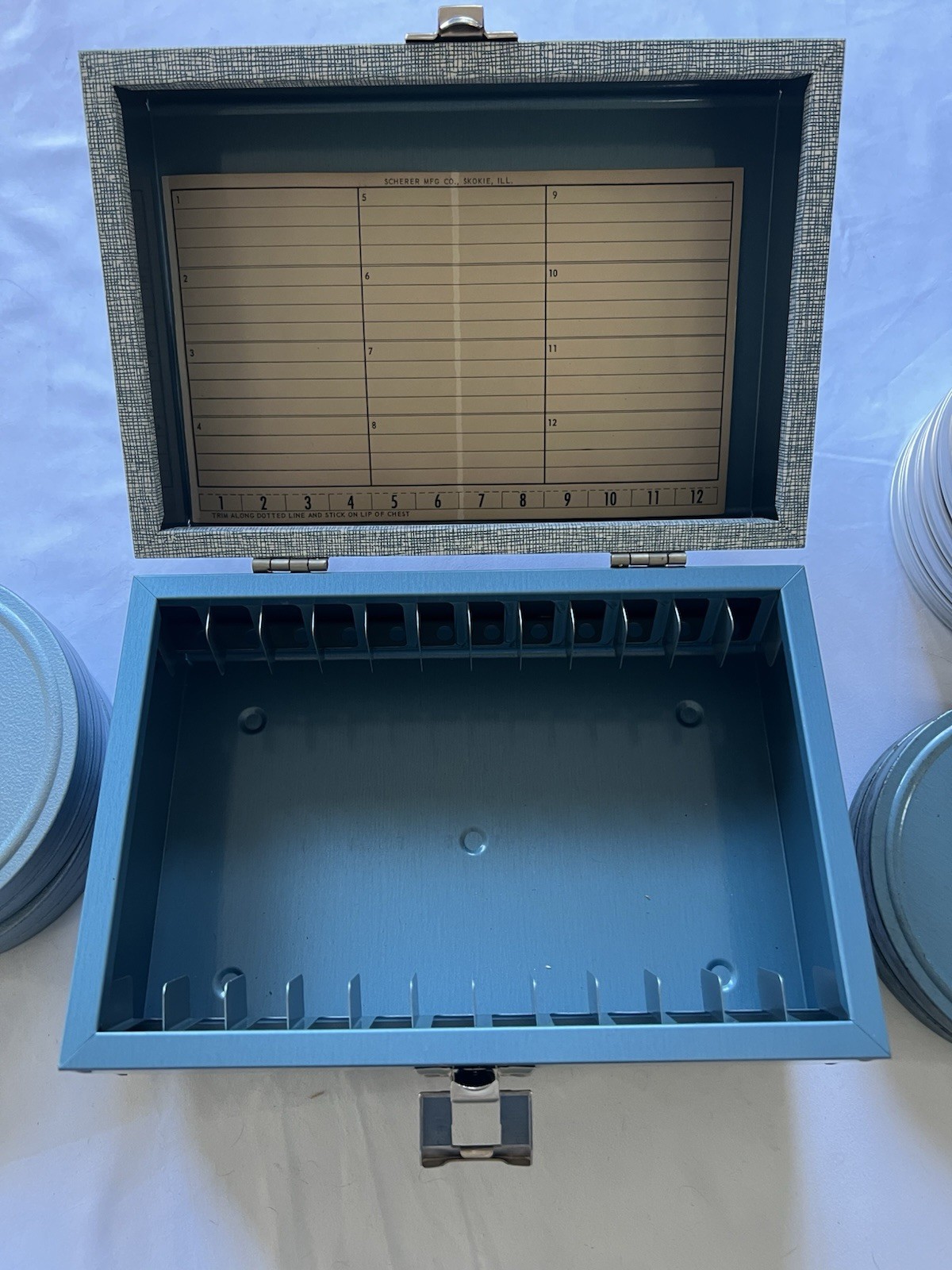 Vintage 8mm Super 8 Movie Reel Storage Box Lot Scherer Korvette Empty Reels Cans