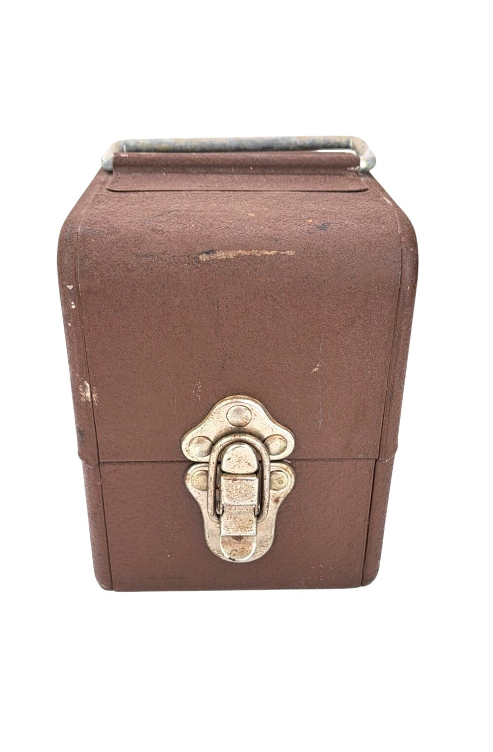 Vintage Simonsen 8mm Film Canister Case Brown Metal Handle Latch Holds 6 Cans