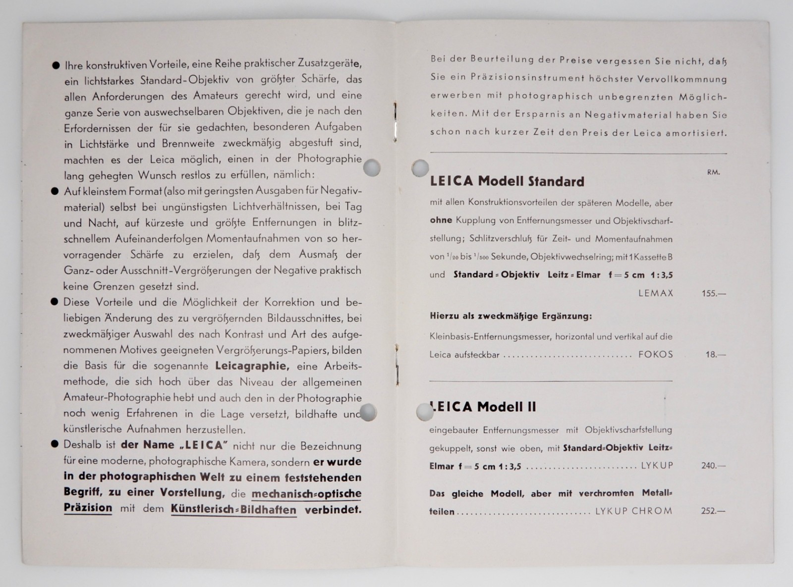 Leica Ernst Leitz-Wetzlar from Leica Standard to IIIA Price List