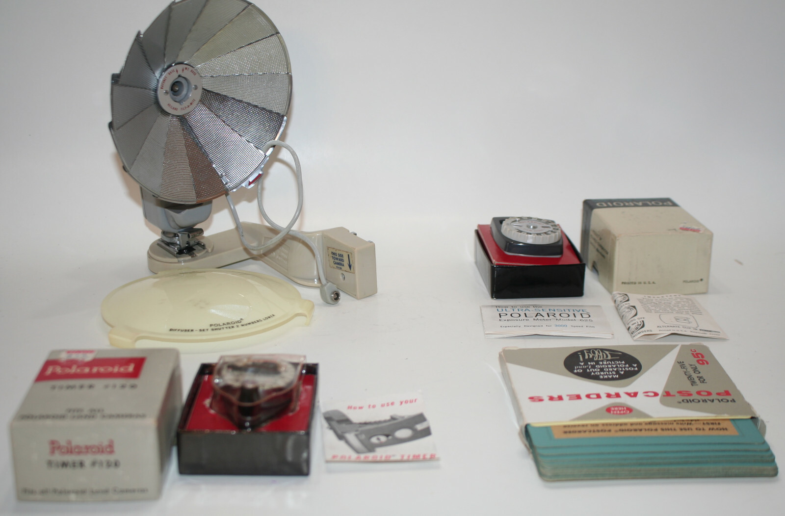 POLAROID TIMER #120, EXPOSURE METER #625,POSTCARDERS,BOUNCE FLASH BRACKET, DIFF