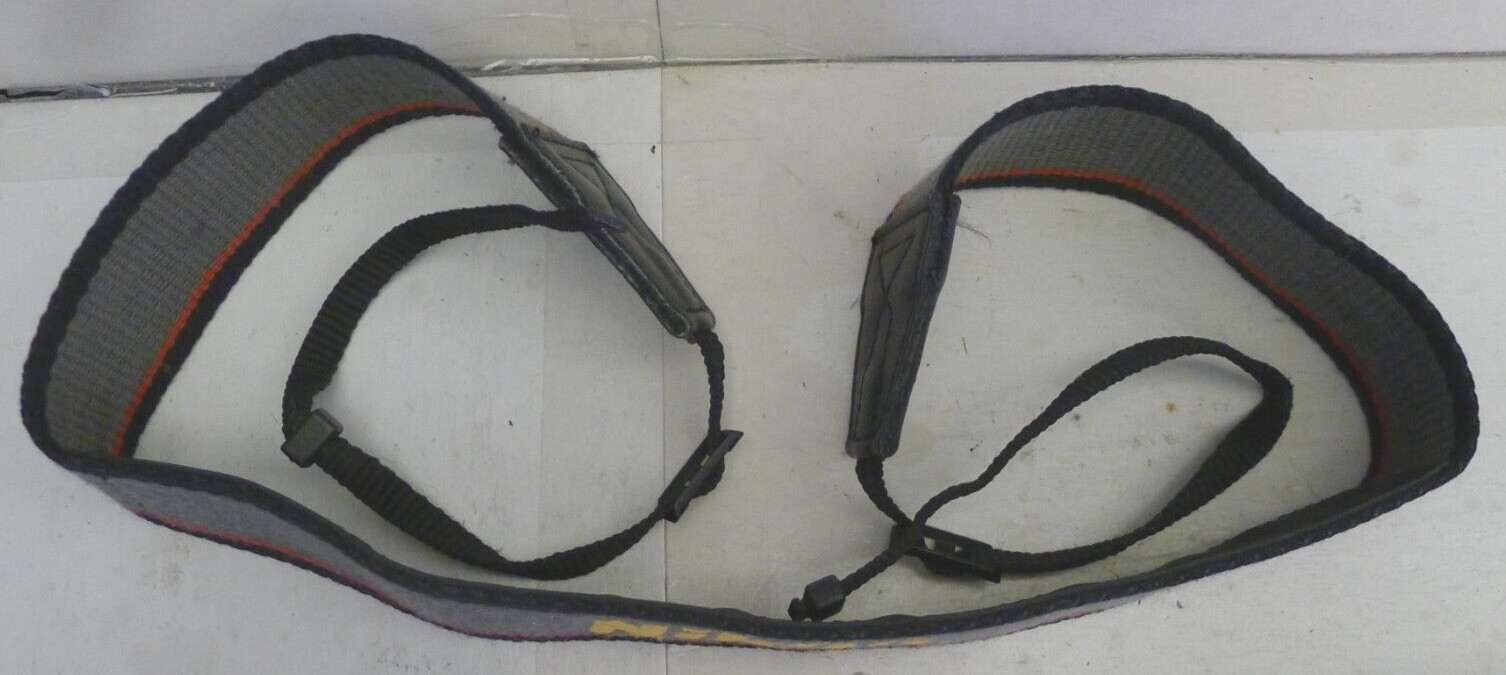 Nikon 1 1/2″ Wide Camera Neck Strap – Grey w/Red Stripe Yellow Logo -Gently Used