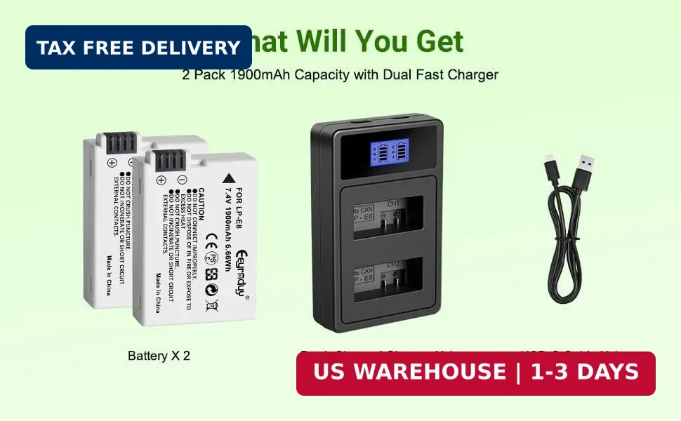 Eeynduy LP-E8 Batteries 2-Pack and Battery Charger for Canon EOS Rebel T2i, T3i,