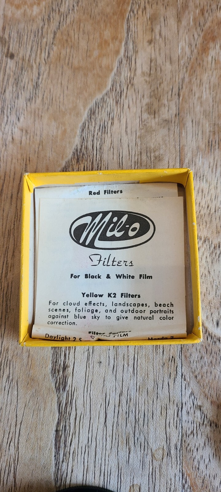 Vintage Mil-O Yellow 2 Camera Metal Bound Filter For B/W Film W/Instructions Box
