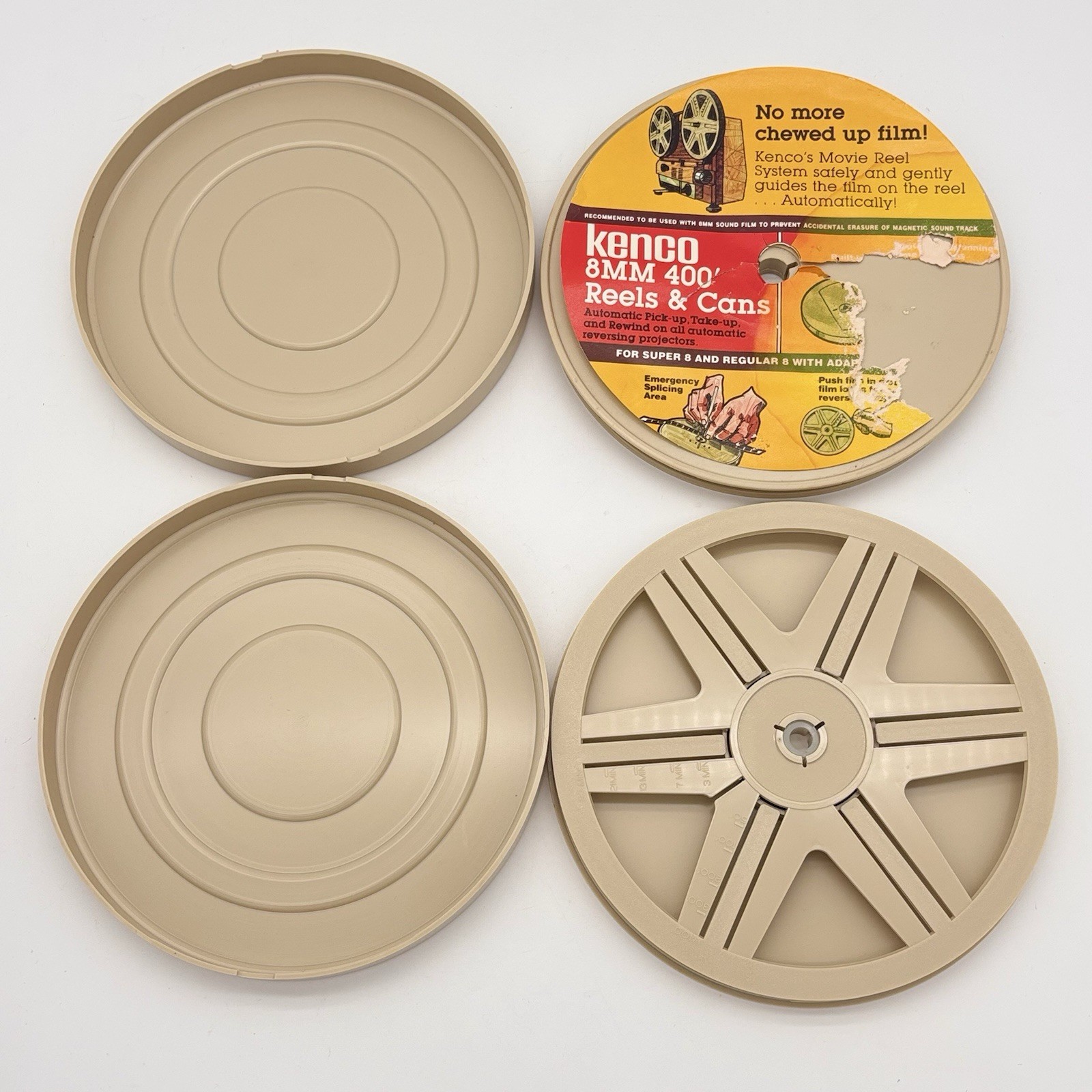 Lot of 2 Vintage Kenco Plastic 7″ 400′ 8mm Movie Film Reels & Cans
