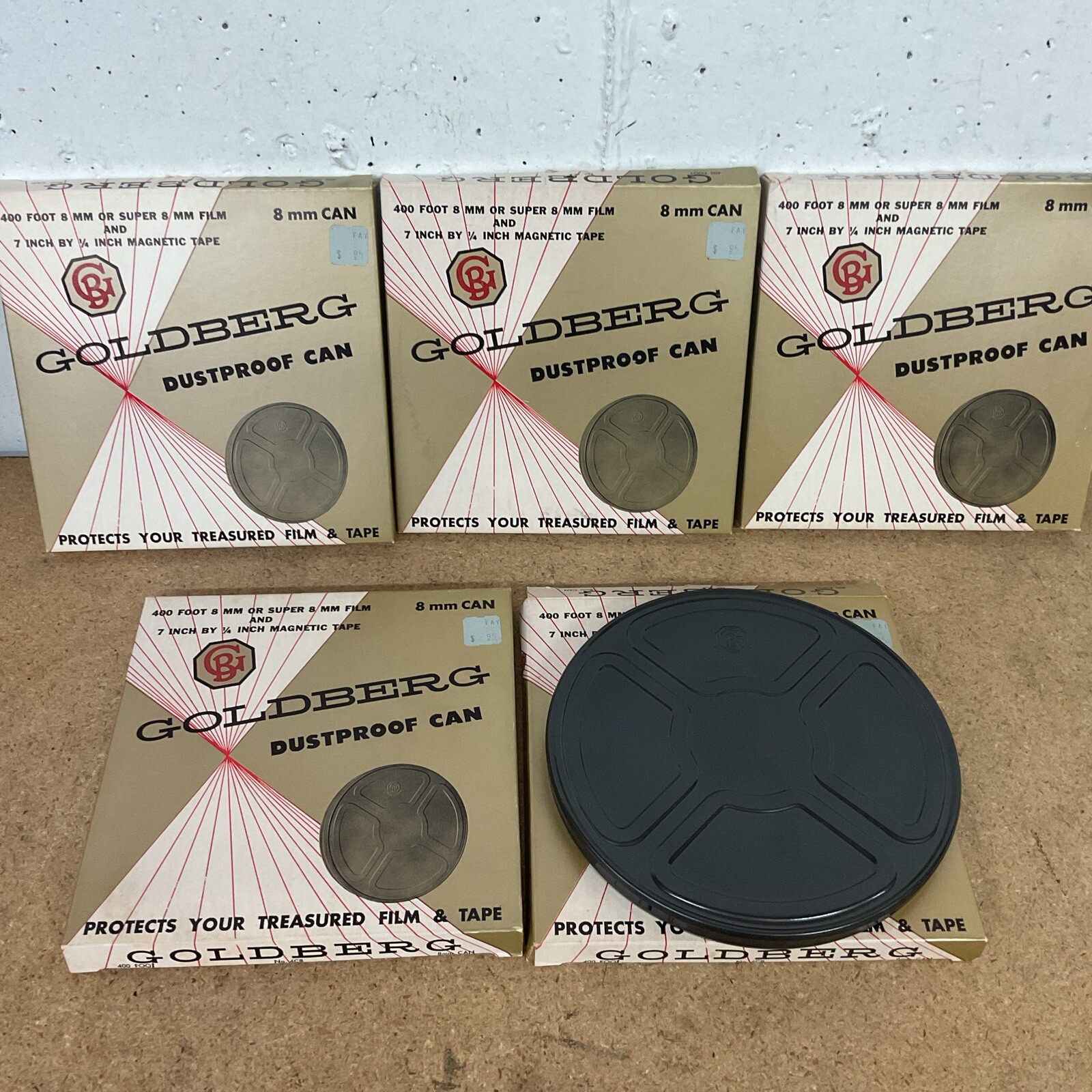 Lot of 5 Goldberg Brothers Dustproof Can 8mm 400ft 4C8 New Old Stock