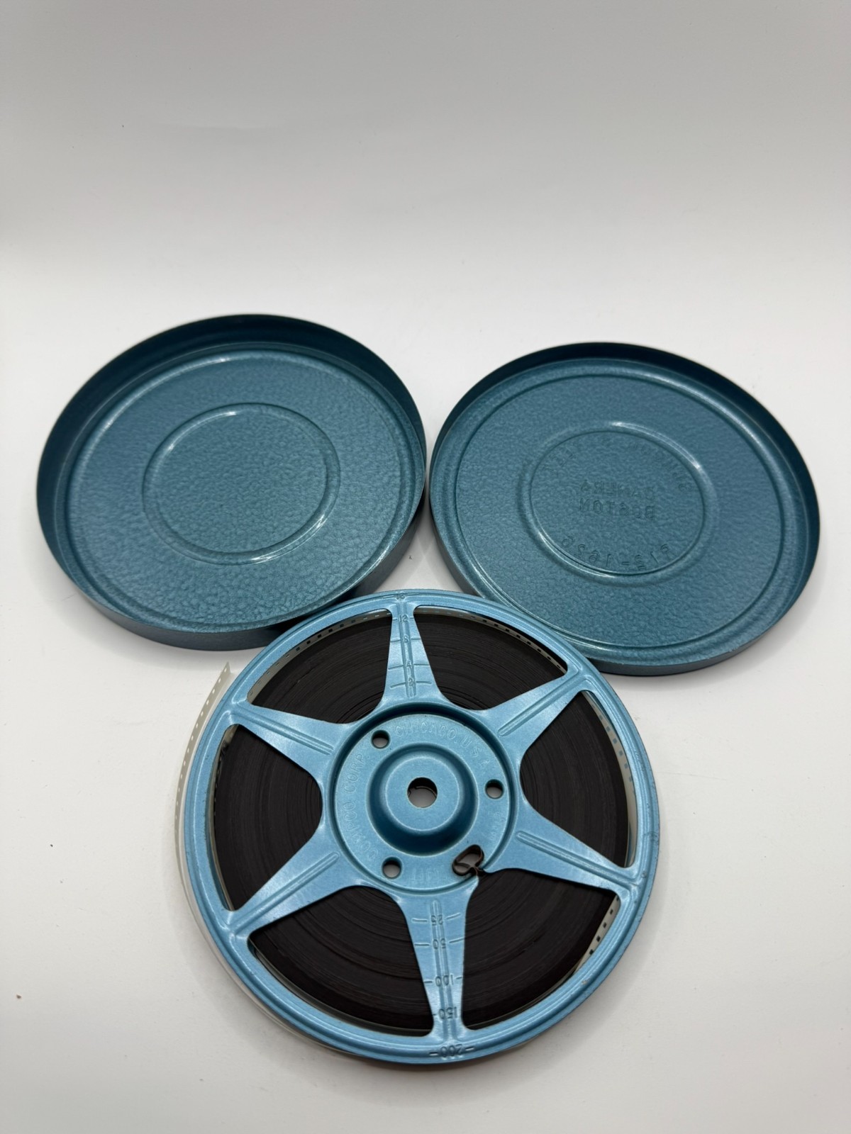 Vintage Teal Metal Film Can Canister 5 1/8″ Diameter & Film Reel