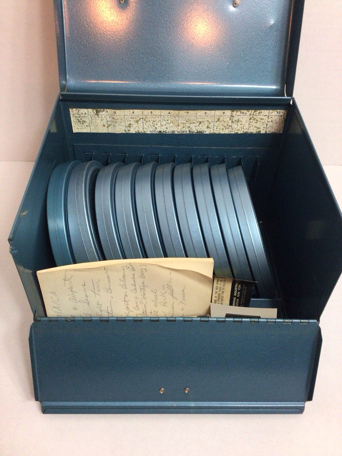 Vintage Logan Deluxe Movie Reel Chest, Blue Metal Holder 12 Canisters 8mm Super8