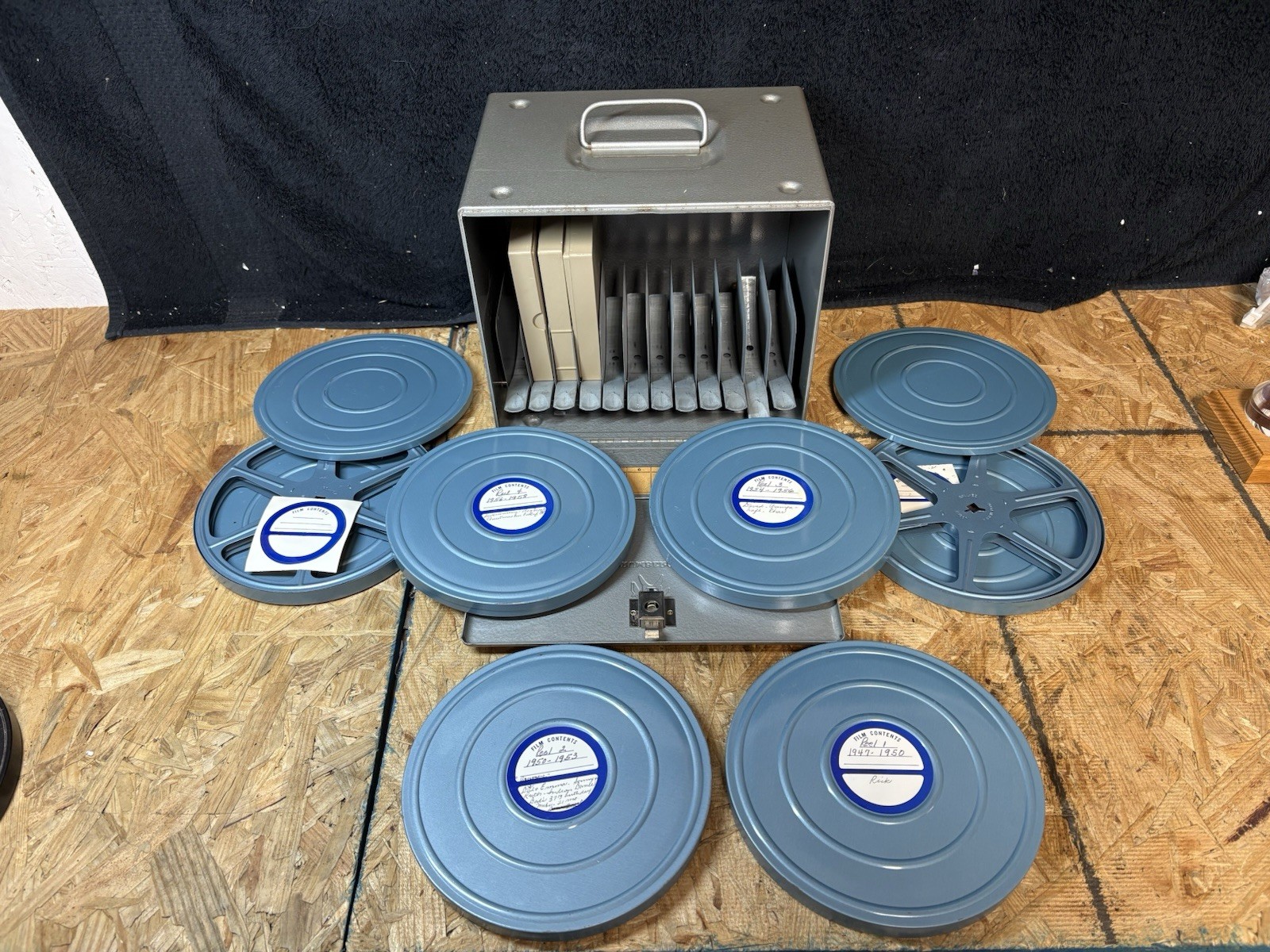 Vintage Brumberger 7” Film Metal Reel Box With Four 1940-50’s 8mm Movies