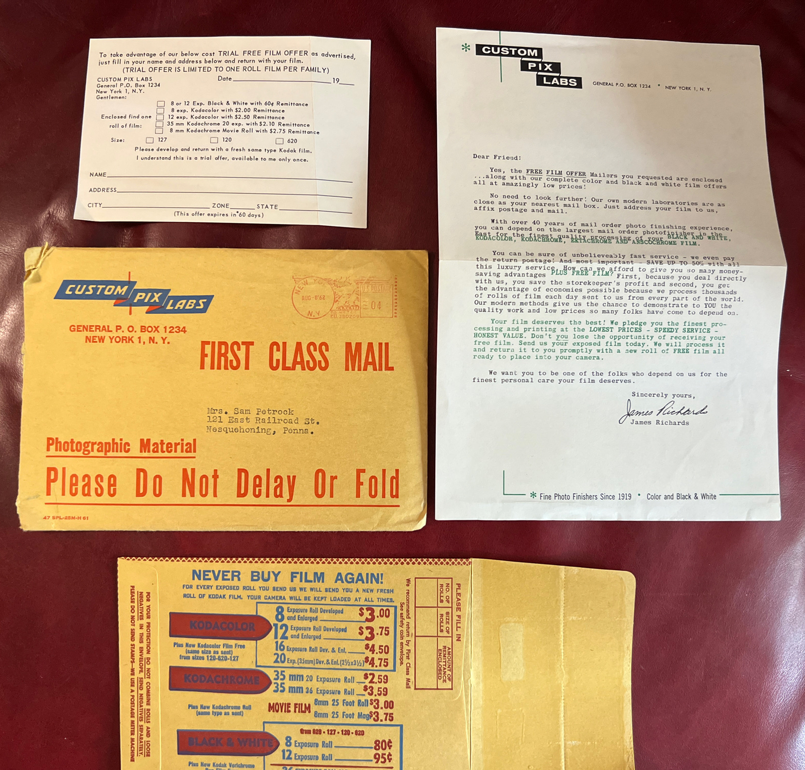 VINTAGE 1962 CUSTOM PIX LABS NEW YORK FILM PROCESSING PROMO W/ENVELOPE