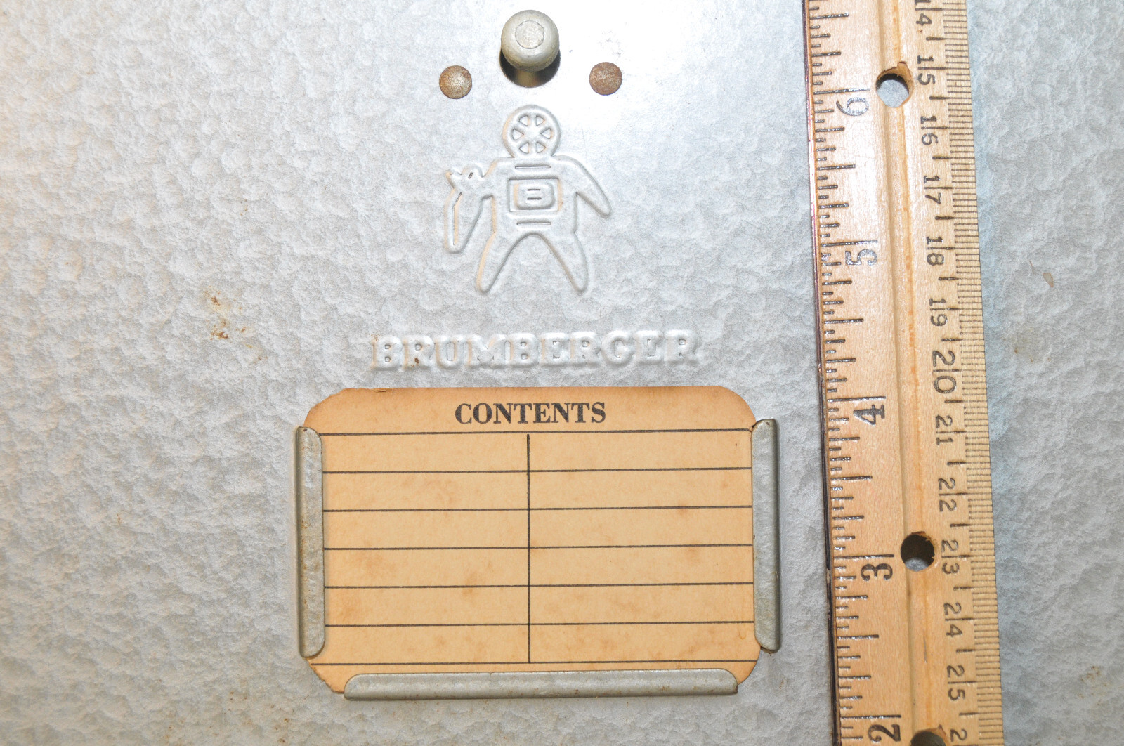BRUMBERGER 12 Film Reel Canister Metal Storage Box Circa 1950s UNIQUE DISPENSER