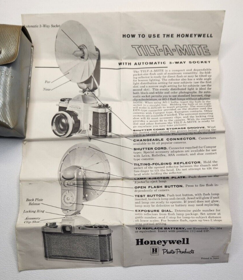 Vtg Honeywell Photo Products TILT-A-MITE Camera Flash Fan Fold Reflector w/ Case