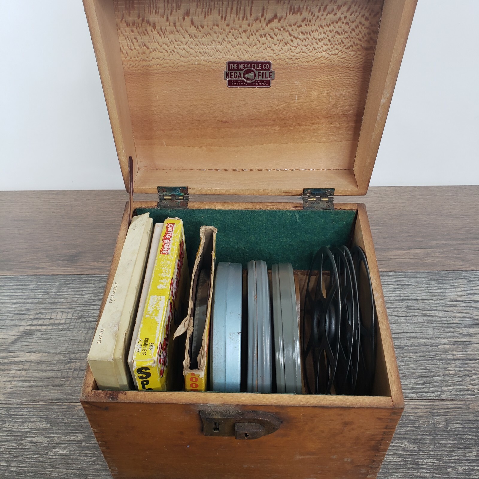 NEGA FILE 8 MM Lot Castle Film Reel to Reel Tins Genuine Wood Box Case Vintage