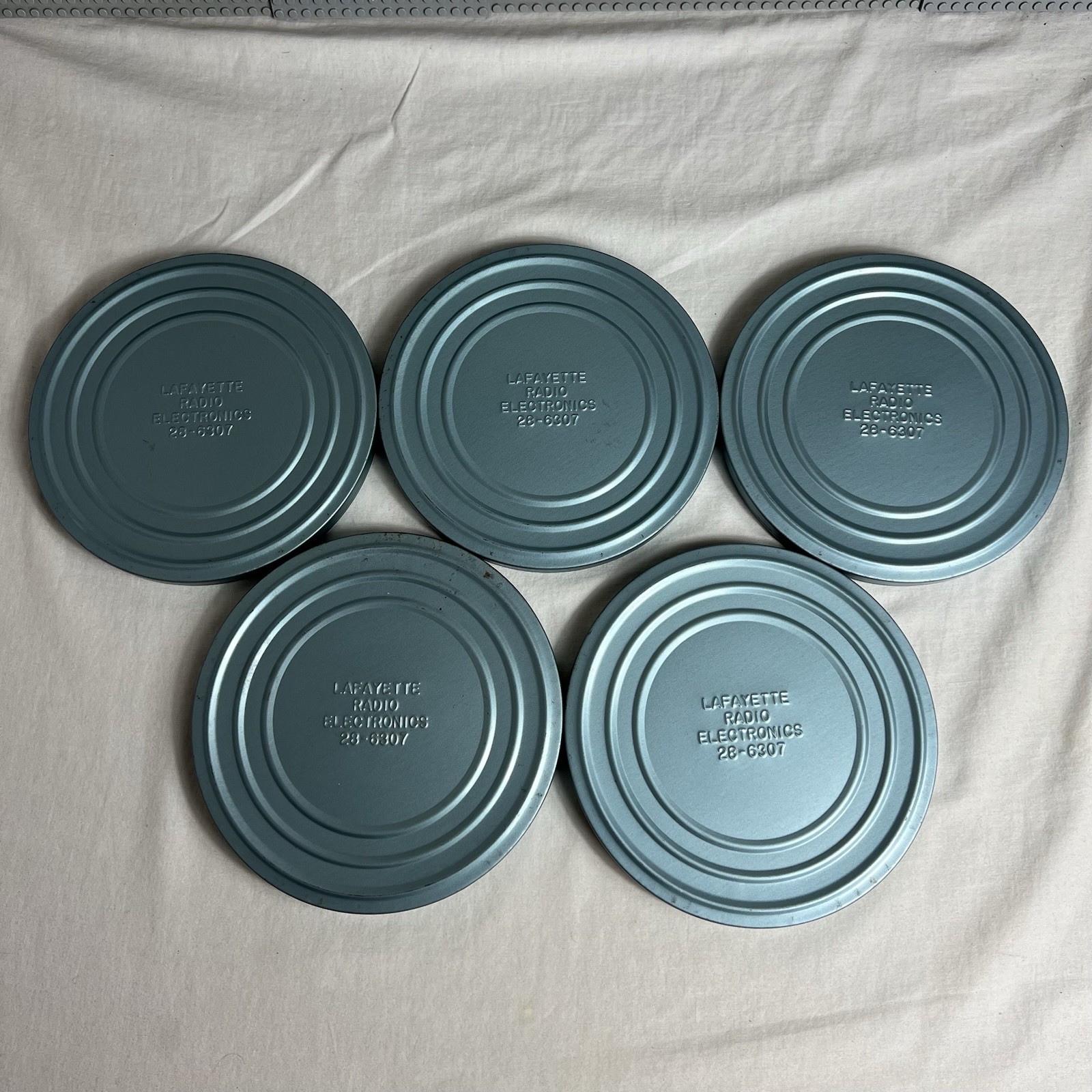 Lafayette Radio Electronics 28-6307 & Sound Tape Metal Film Reel Canister Tins