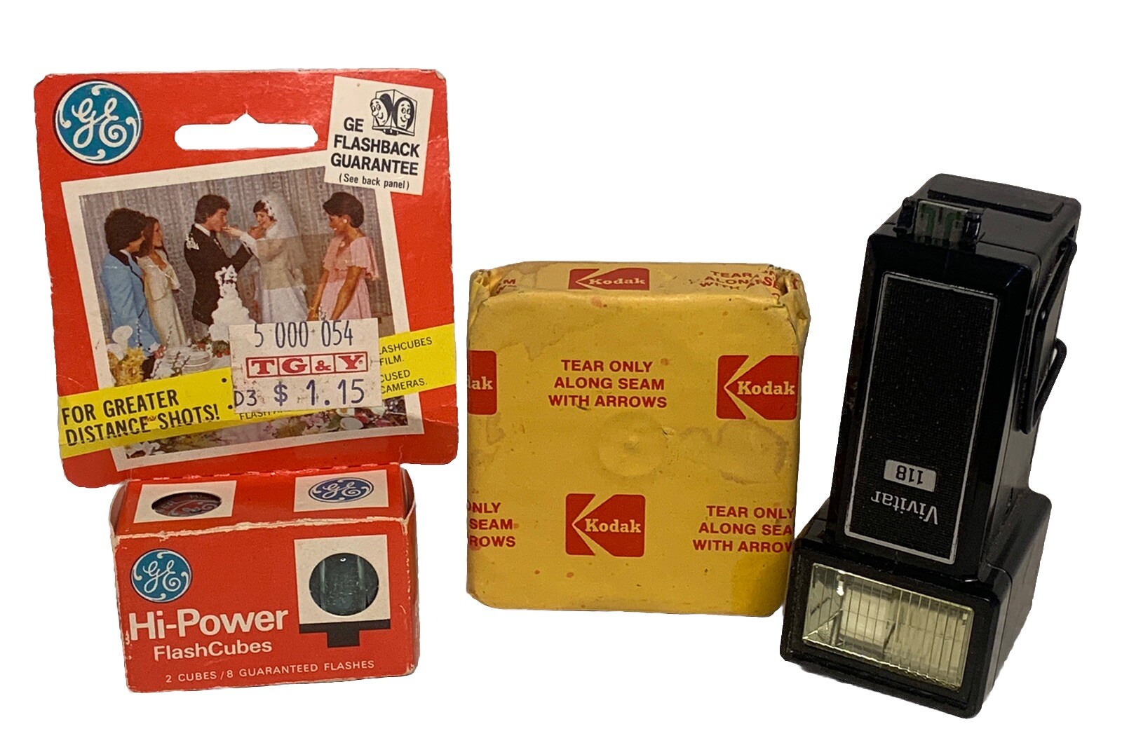Vivitar 118 Flash Attachment/Kodak Sealed 3”Film/2 NOS G E Flash Cubes/Photo Lot