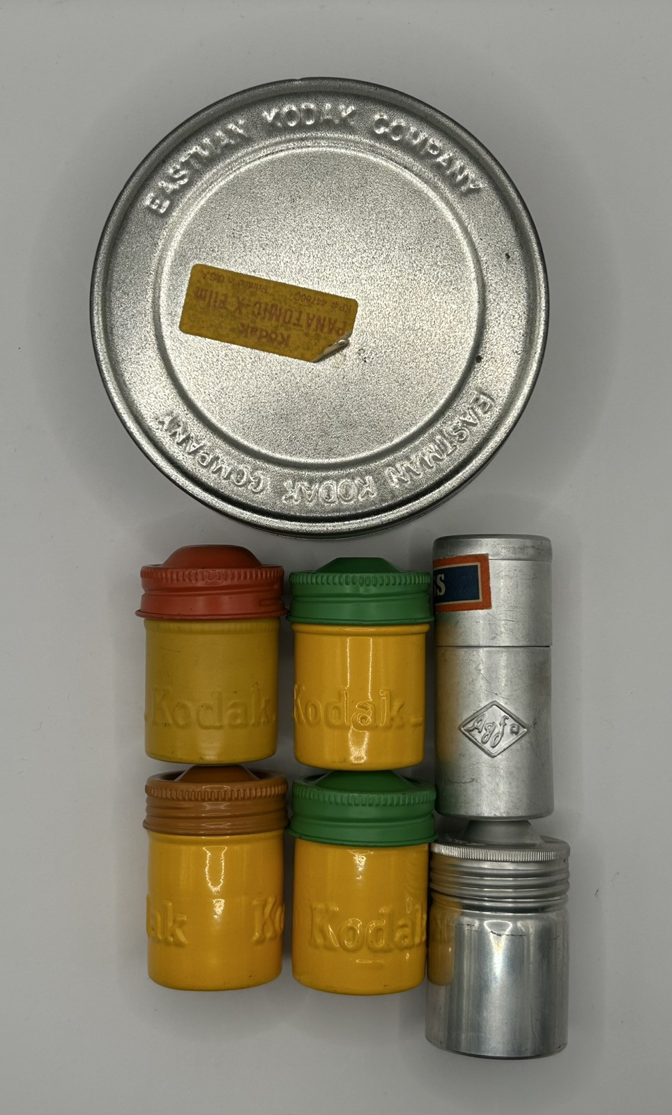 Lot of 7 Aluminum Embossed Film Canisters Cans Vintage Kodak, Agfa Roll, Ansco