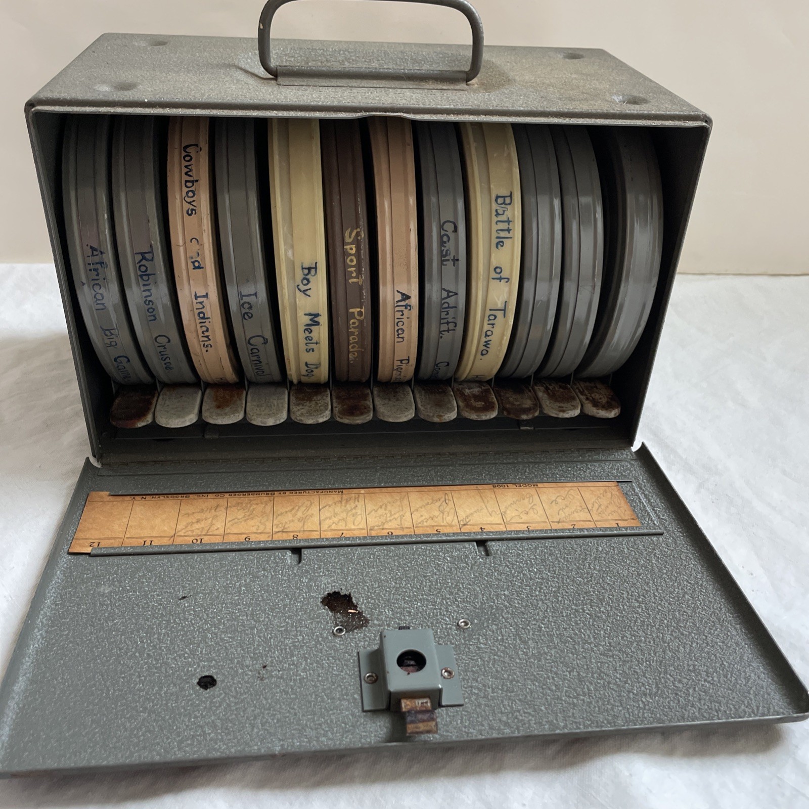 Vintage Brumberger 8mm Film Canister Case W 12 Reels Metal & Bakelite Canisters