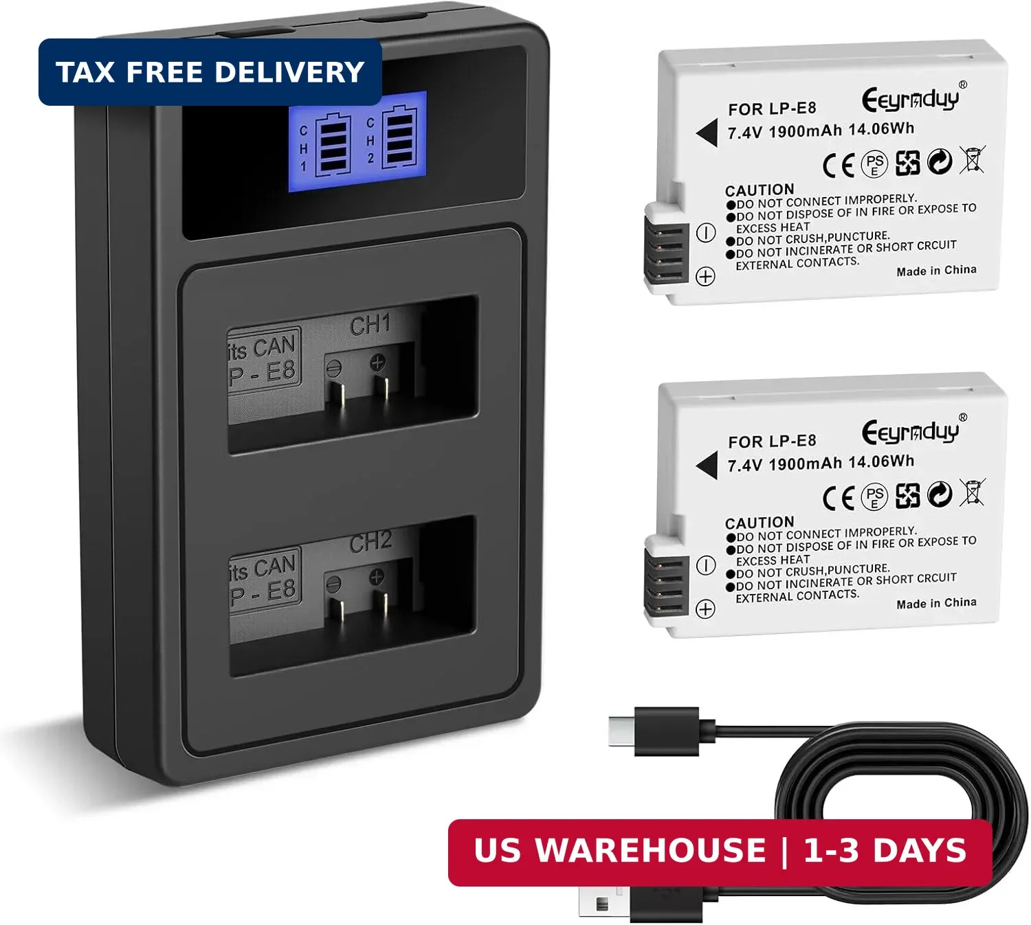 Eeynduy LP-E8 Batteries 2-Pack and Battery Charger for Canon EOS Rebel T2i, T3i,