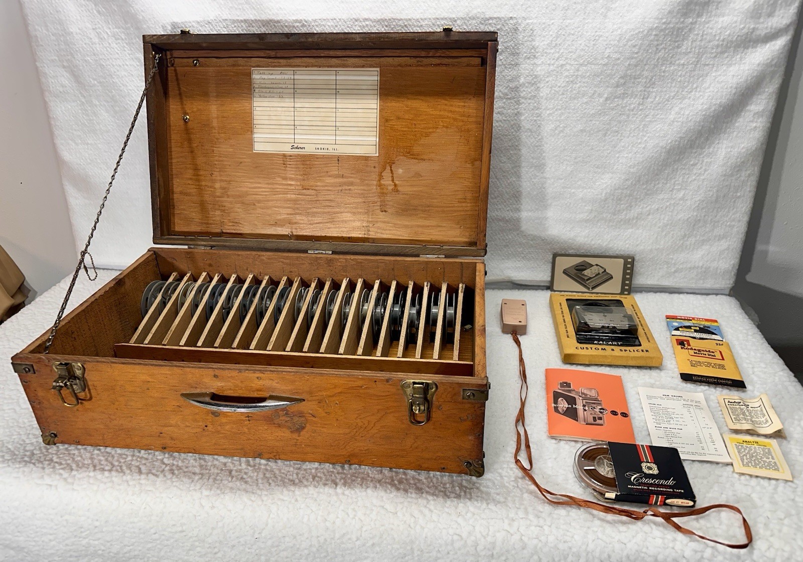 Large Wood Trunk Carrying Case for Vintage w 19 8mm Reels, Kalart Splicer + Misc