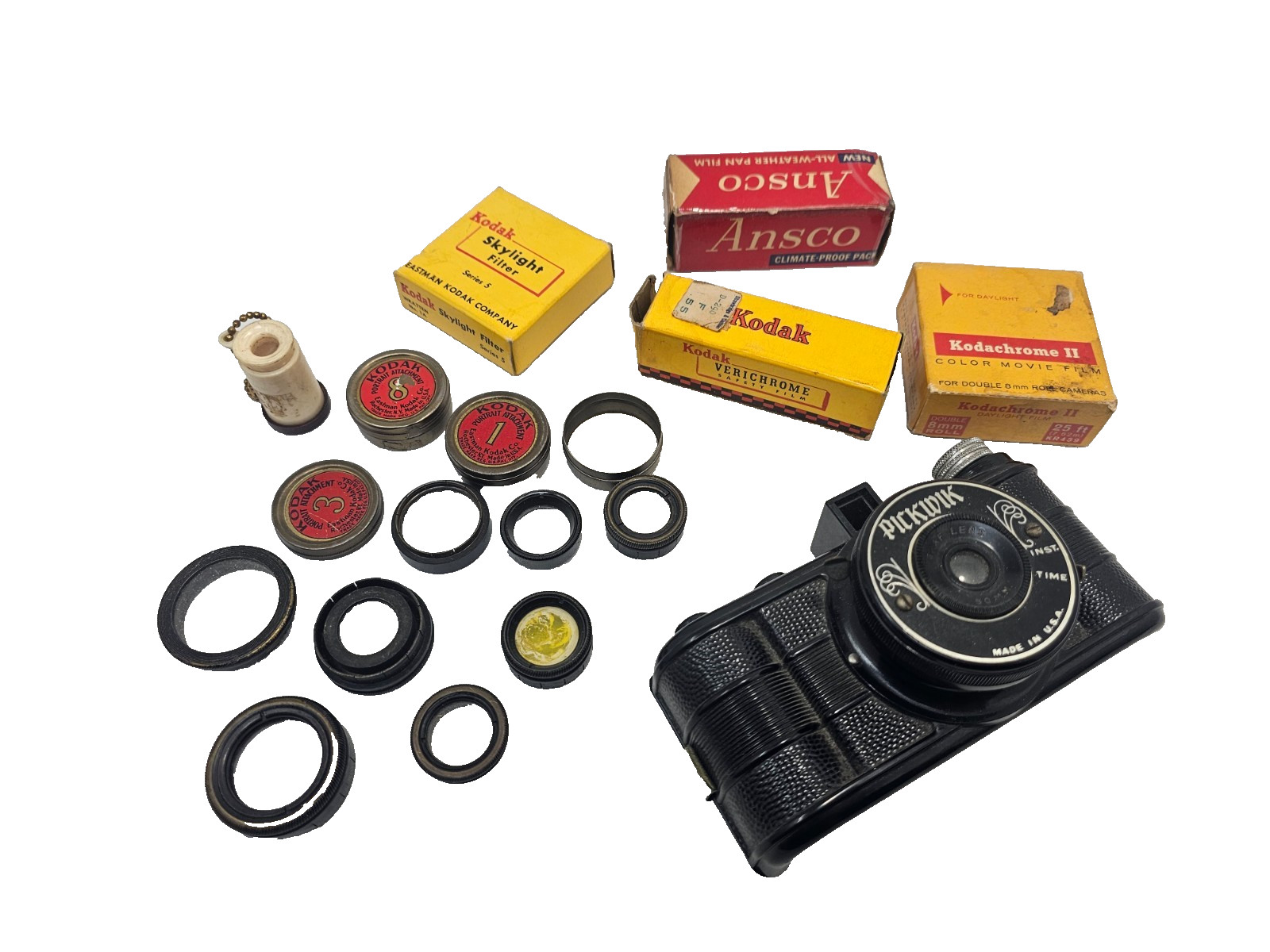 Vintage Pickwik 50mm Graf Lens Bakelite Camera Lot Kodak Filters Ansco Film