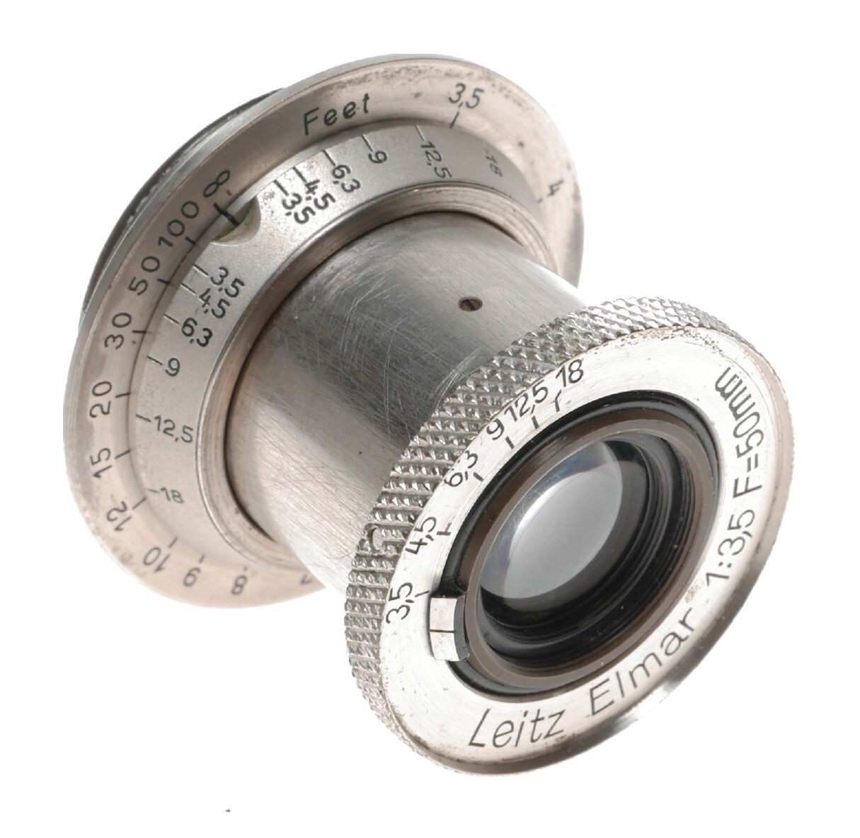 Leitz Elmar 1:3.5 F=50mm SM Leica camera lens rare in bakelite keeper