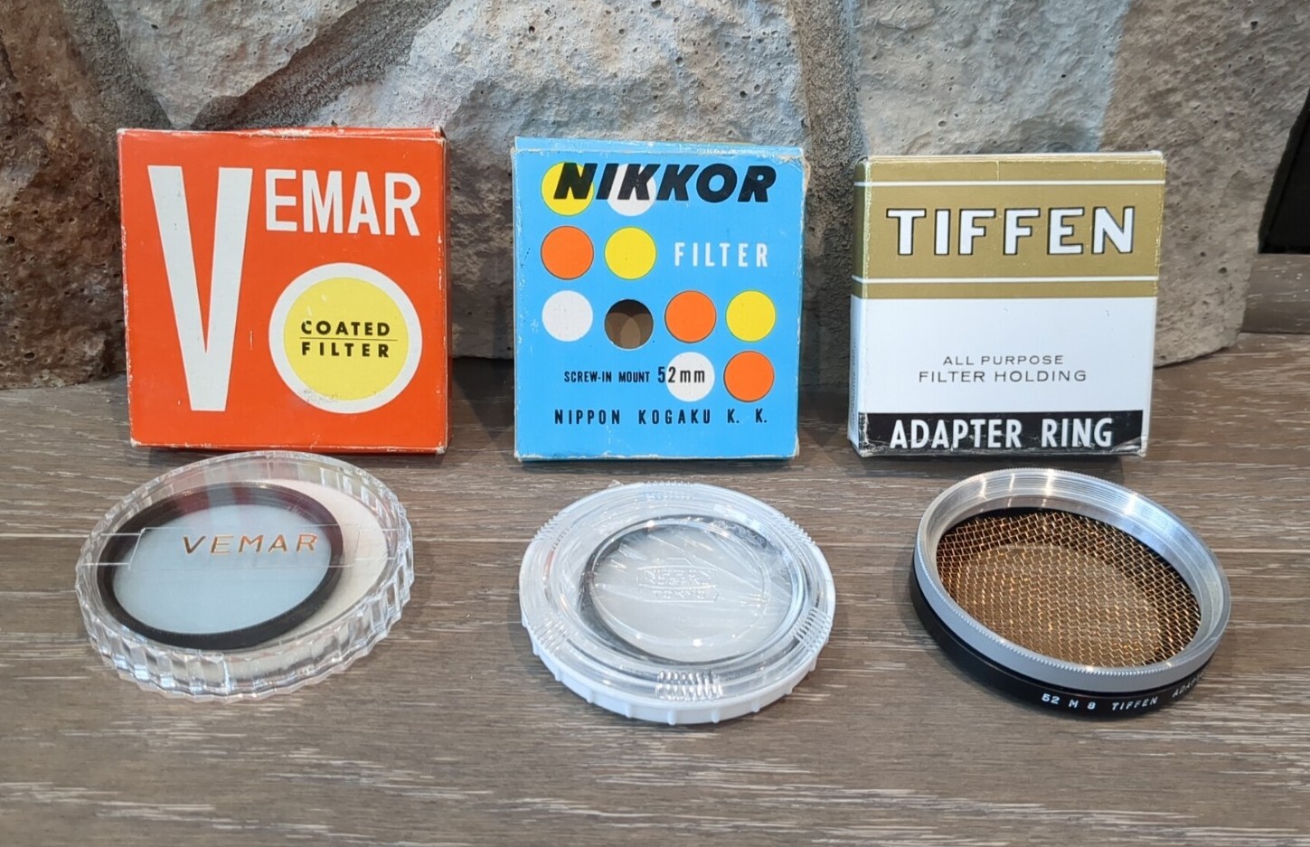Set of 3 Vintage 52mm: Venmar Coated Filter, Nikkor Screw in Mount, Tiffen Adapt