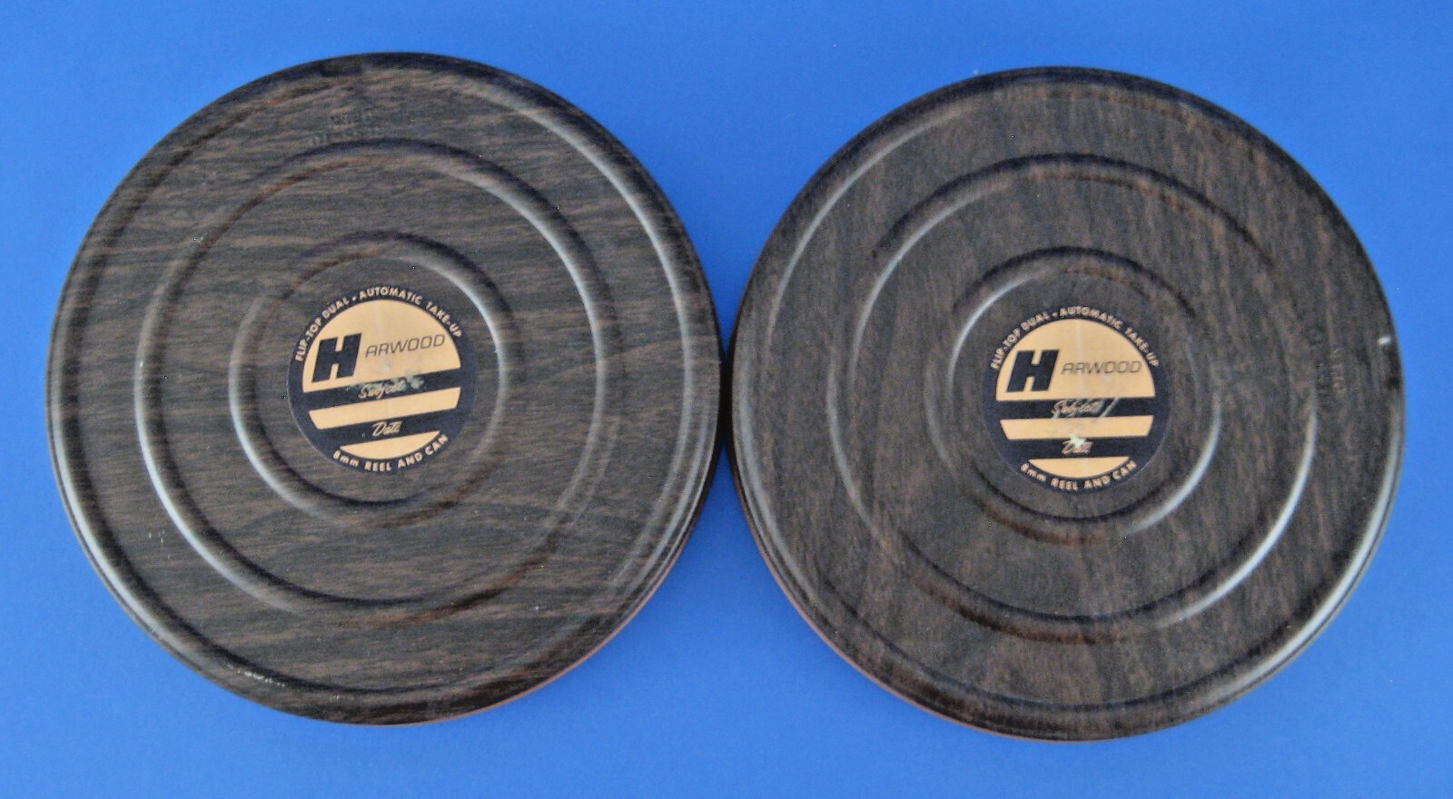 Set of 2 Harwood Film Canisters Brown Woodgrain Metal Dual 8mm Reel Can Vintage