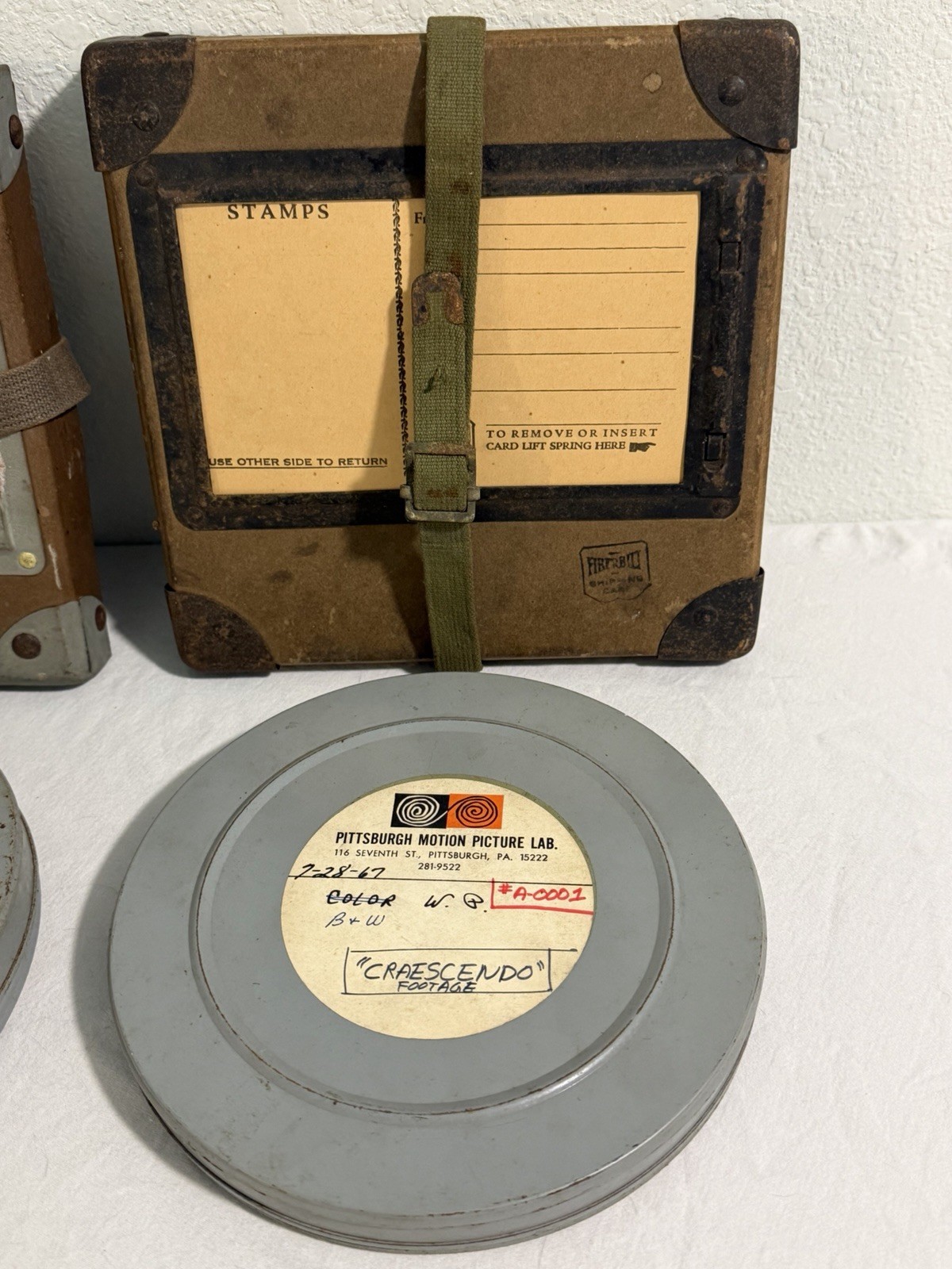 3 Vintage Film Reel Shipping Box Mid Century 16mm Fiberboard Strap W/ 3 Reels