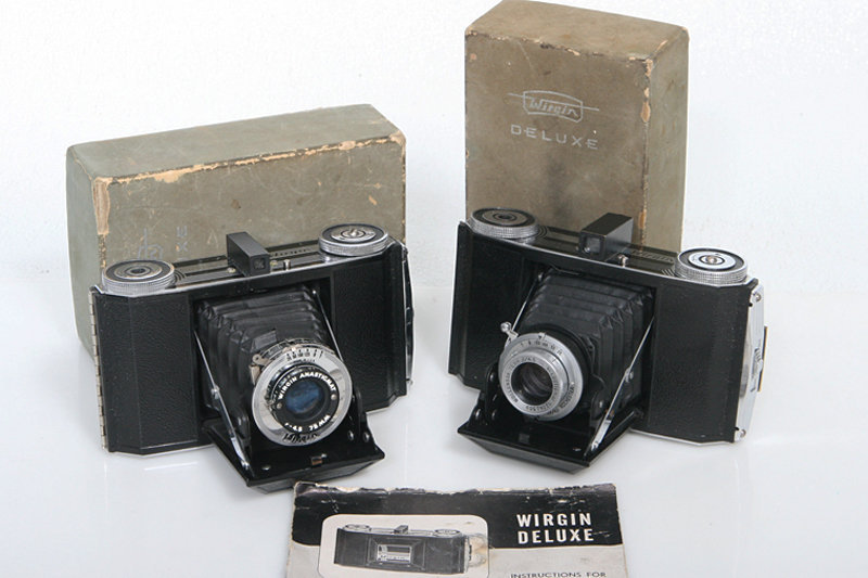Wirgin Deluxe 6×6 Roll Film Cameras – two cameras with worn boxes