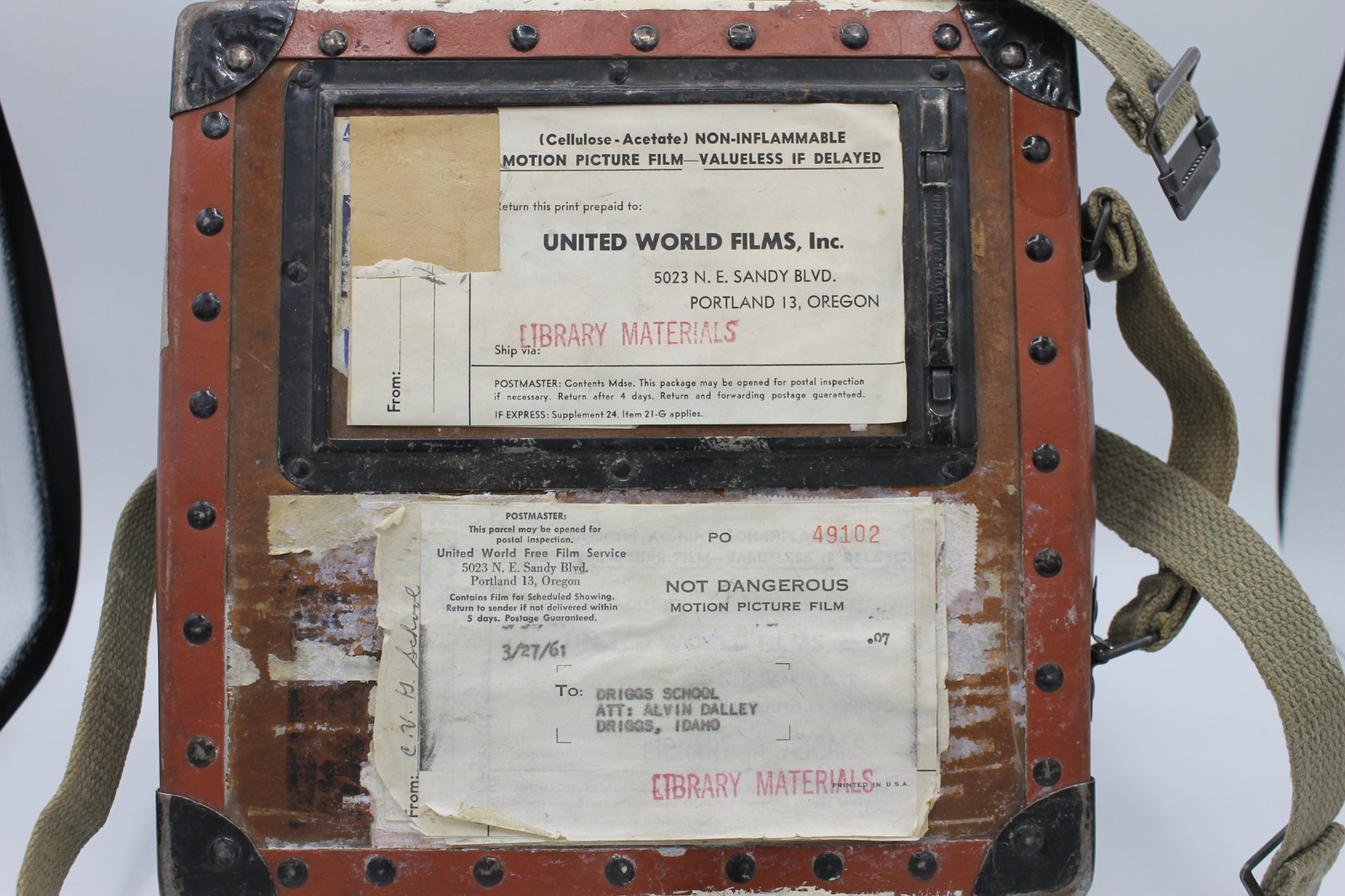 Vintage Film Shipping Box – United World Films – Fiberboard w/ Straps & Handle