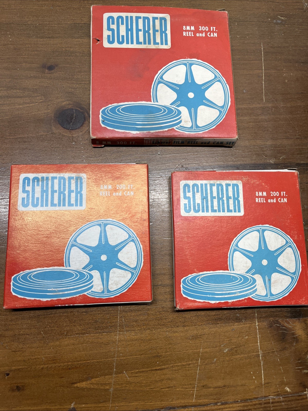 Lot Of 3 Scherer 8 mm (2)200 ft. (1)300 ft. Can And Reel Original Boxes -1 Reel