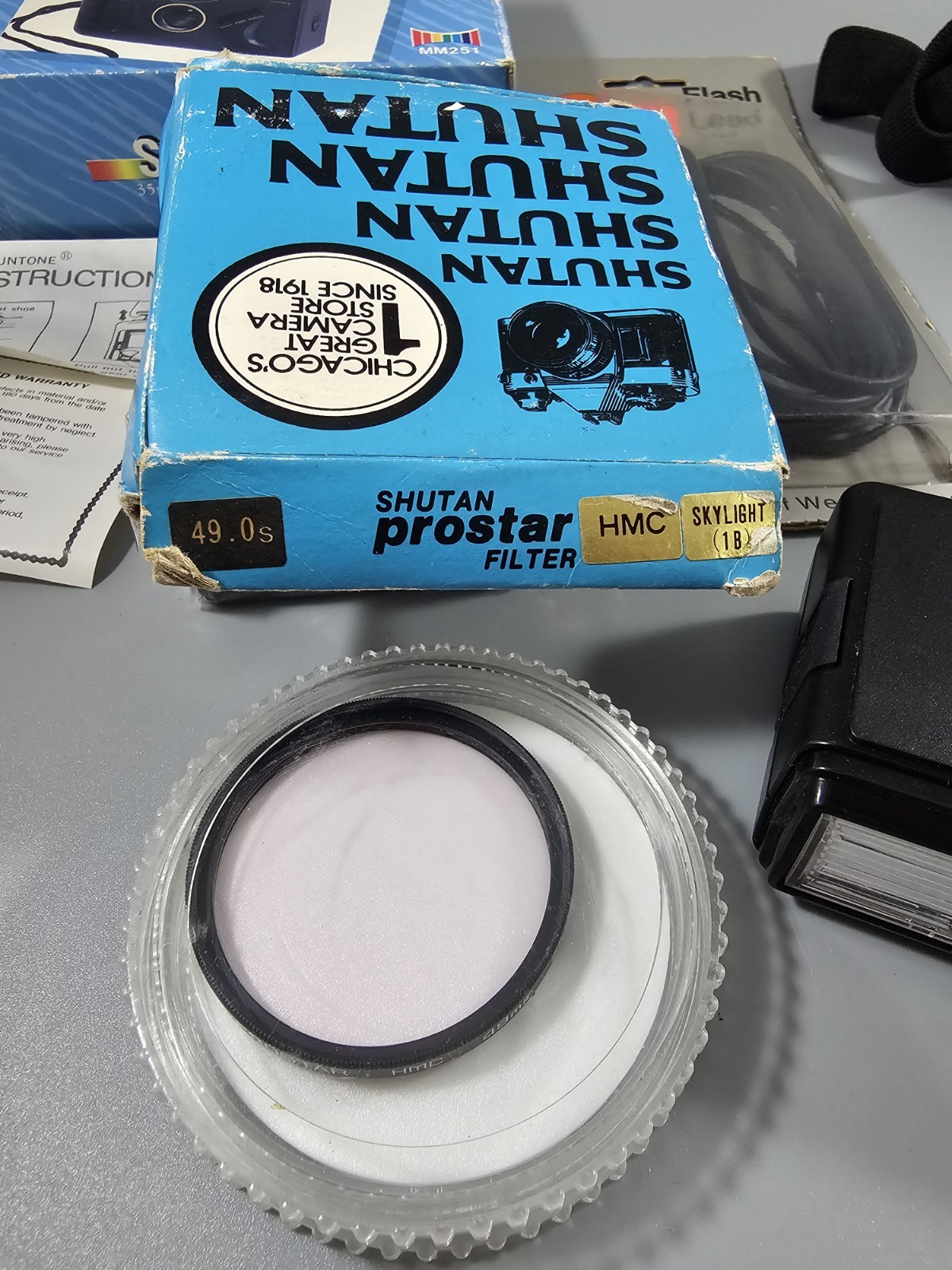 Lot of Vtg Photography Equipment: 2 Cameras Lens Filter Neck Strap Flash Lead