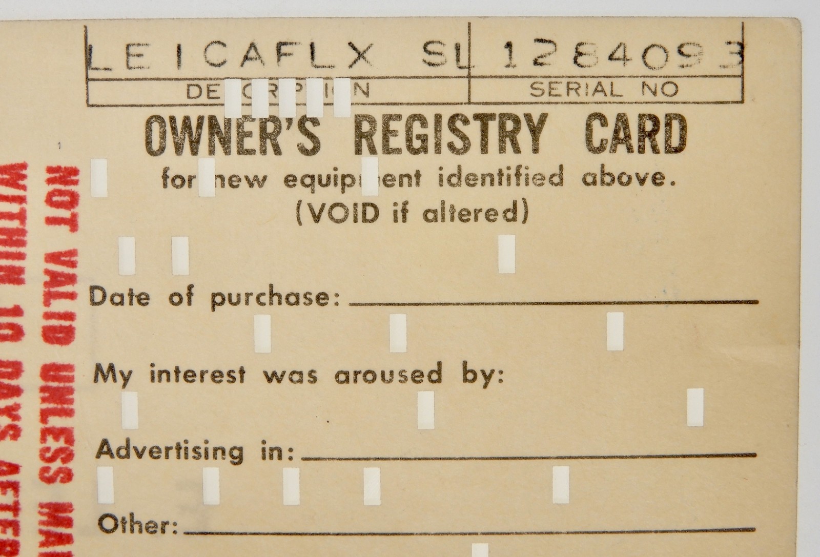 Owner’s Registry Card of Leicaflex SL #1284093