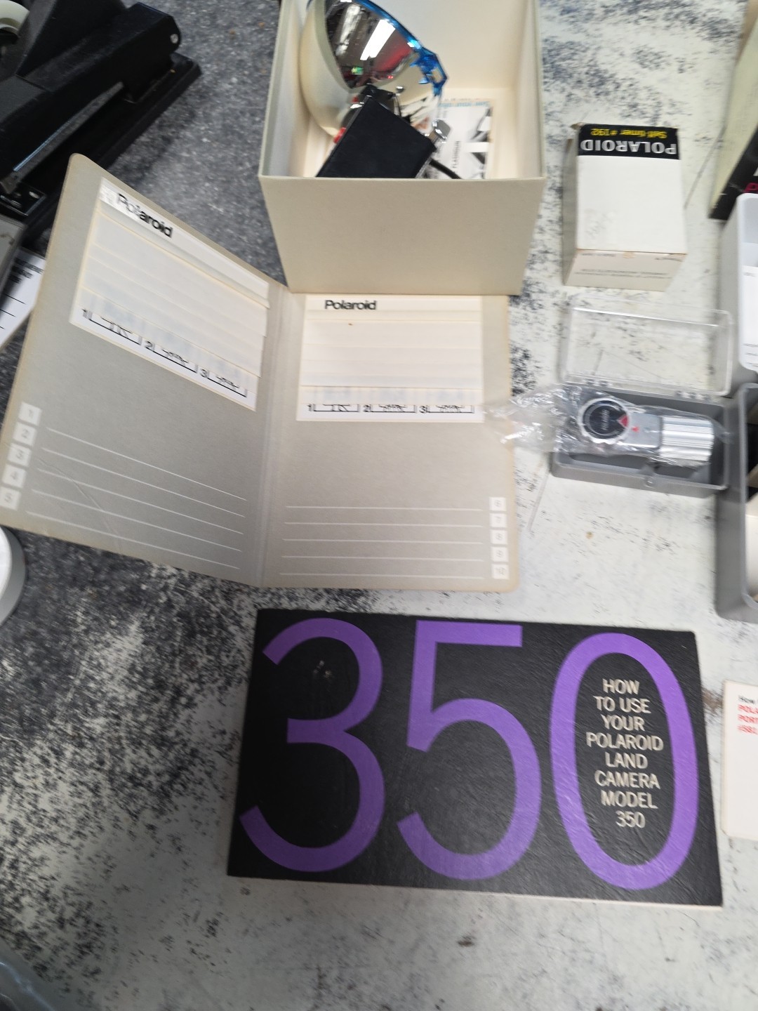 Polaroid 350 BOOK kit 581A flash 268 self timer 192 and accessory LOT No Camera