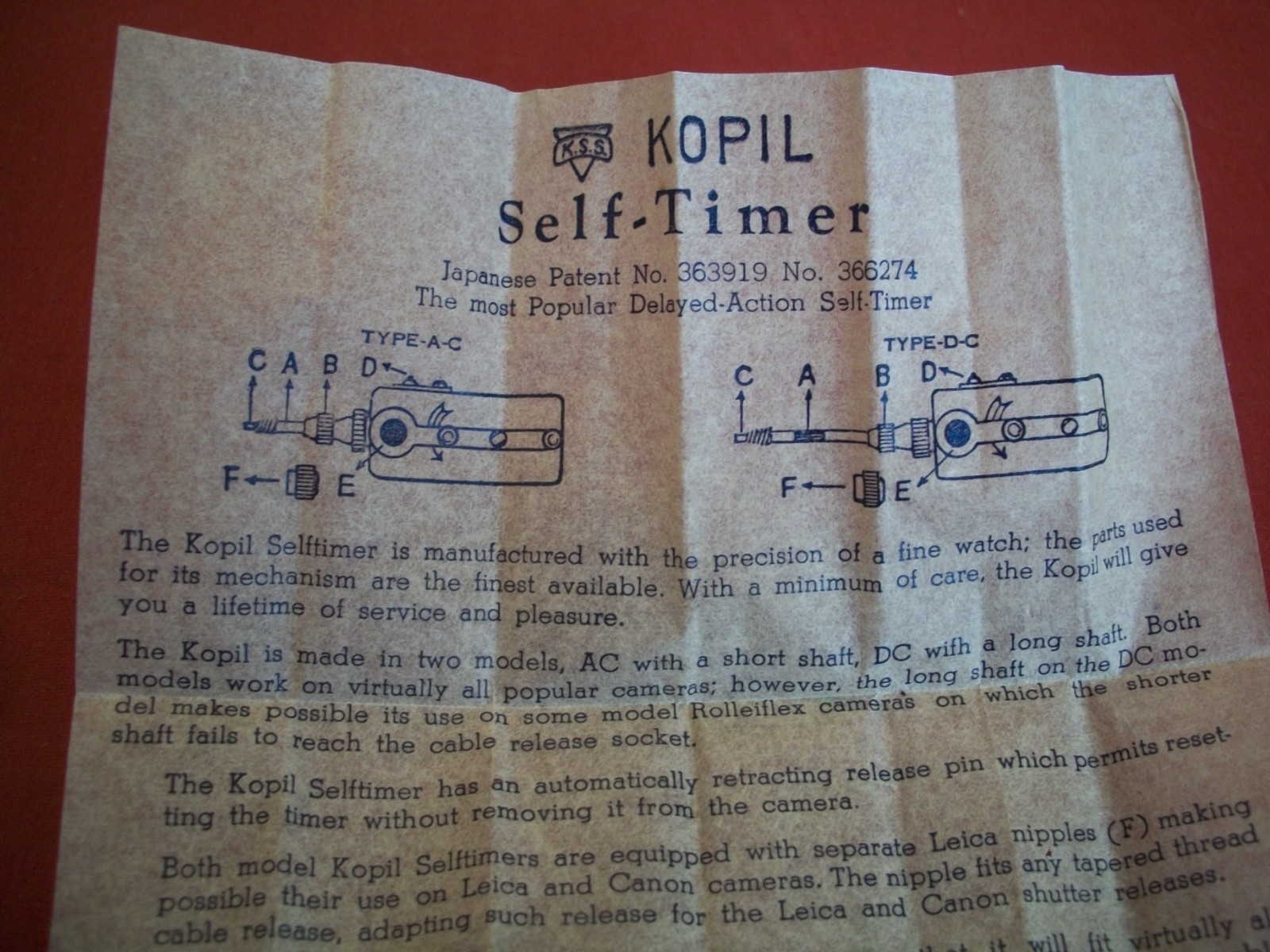 Kopil Self Timer for Argus Camera With Blue Box & Paper Work, NIB NOS