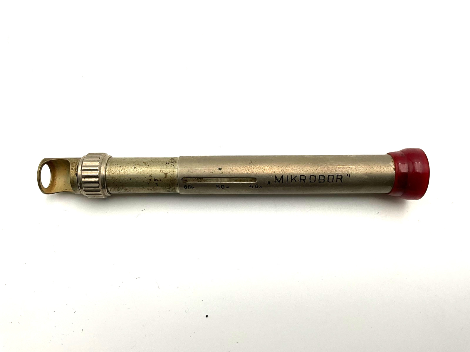 Vintage “Mikrobor” pocket inspection microscope 40×–60× metal field loupe viewer