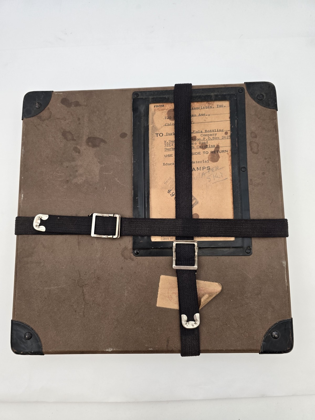 Vintage 11″ Square Fiberbilt Shipping Case Metal Corners Fabric Straps 1960s Lab