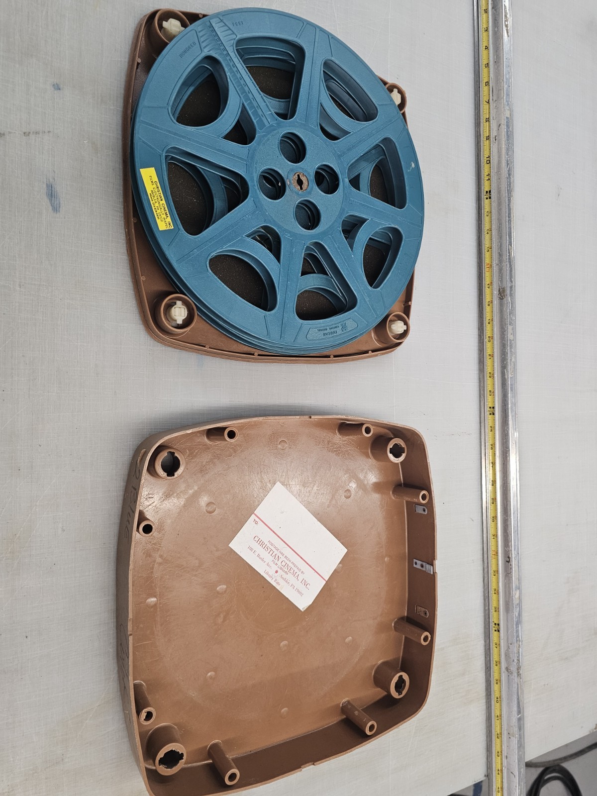 16mm film reels, metal, plastic, with 2-reel case gray, blue