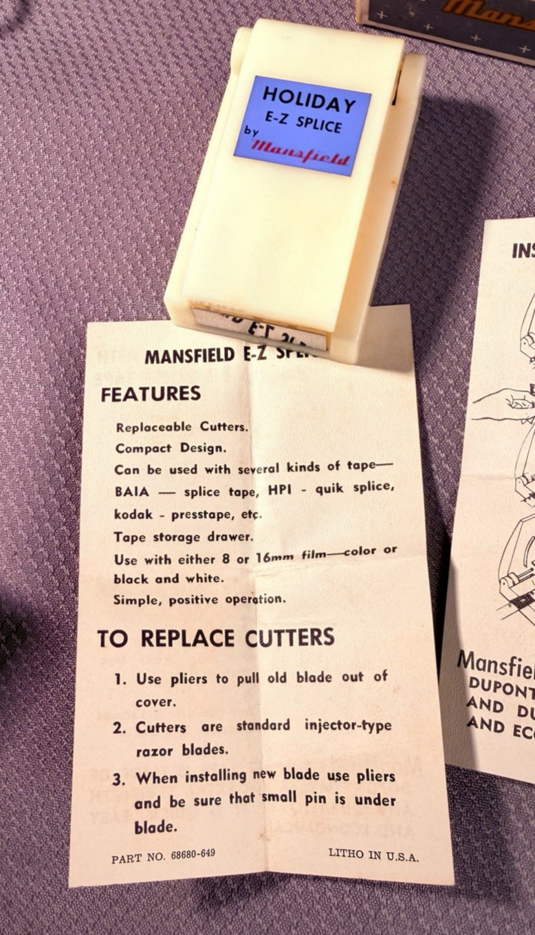 Mansfield Vintage NEW Old Stock/Instructions Holiday E-Z Splice Tape Cutter USA