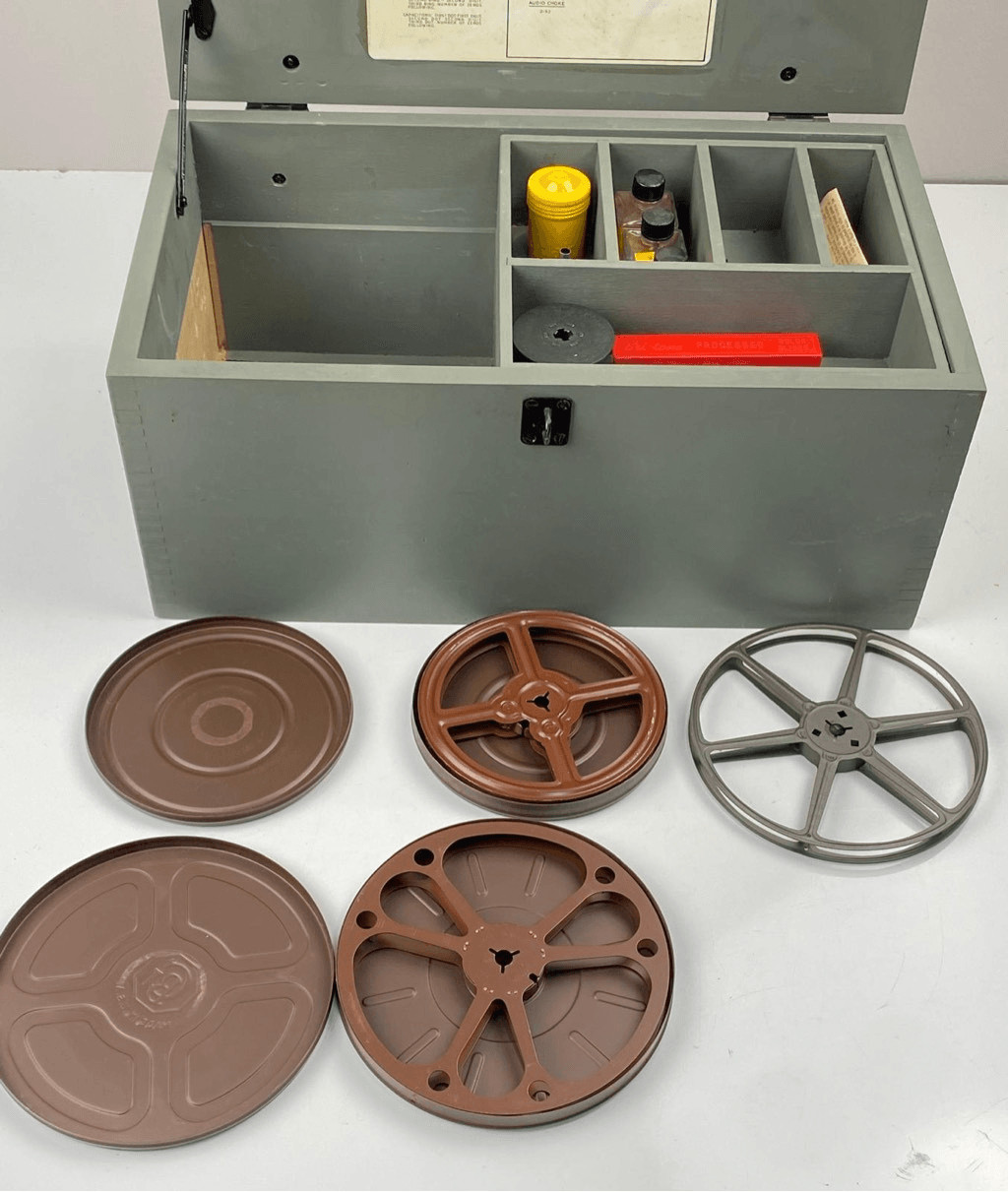 Vintage Electronics Spare Parts Wood Box + 8mm Revere Projector Camera Parts USA