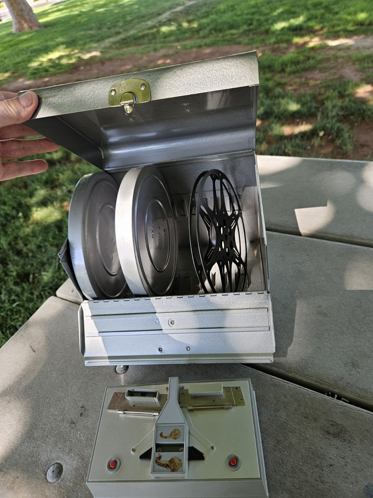 Vintage Metal 8mm Film Storage Case Box Cannisters Reels. And Splicer USA