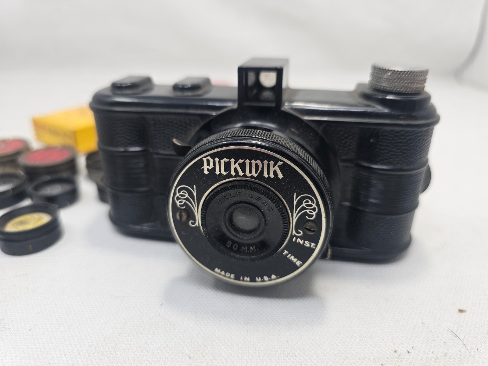 Vintage Pickwik 50mm Graf Lens Bakelite Camera Lot Kodak Filters Ansco Film