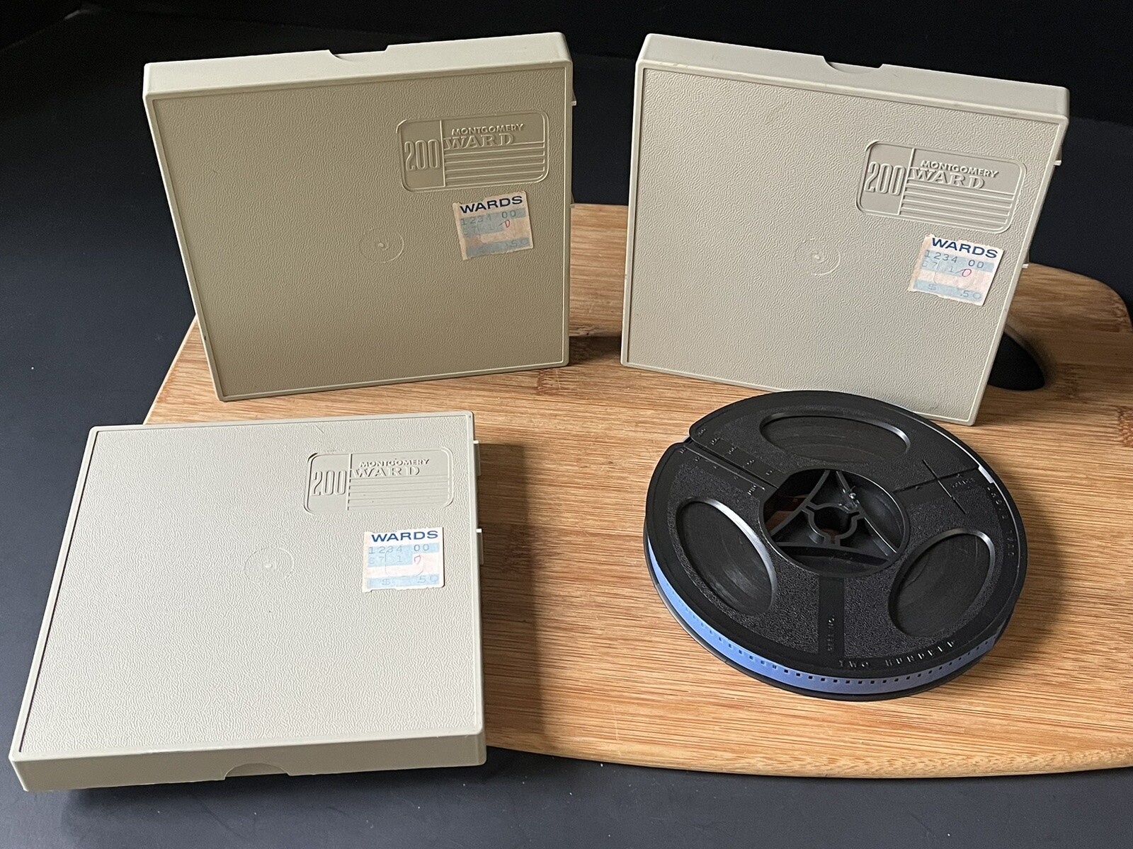 3 Montgomery Ward 200 VTG 8mm Movie Reel Black Plastic in Tan Cases Storage Box
