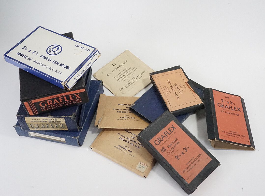 GRAFLEX LOT OF EMPTY BOXES, MOSTLY FOR DIFFERENT FILM HOLDERS/221021